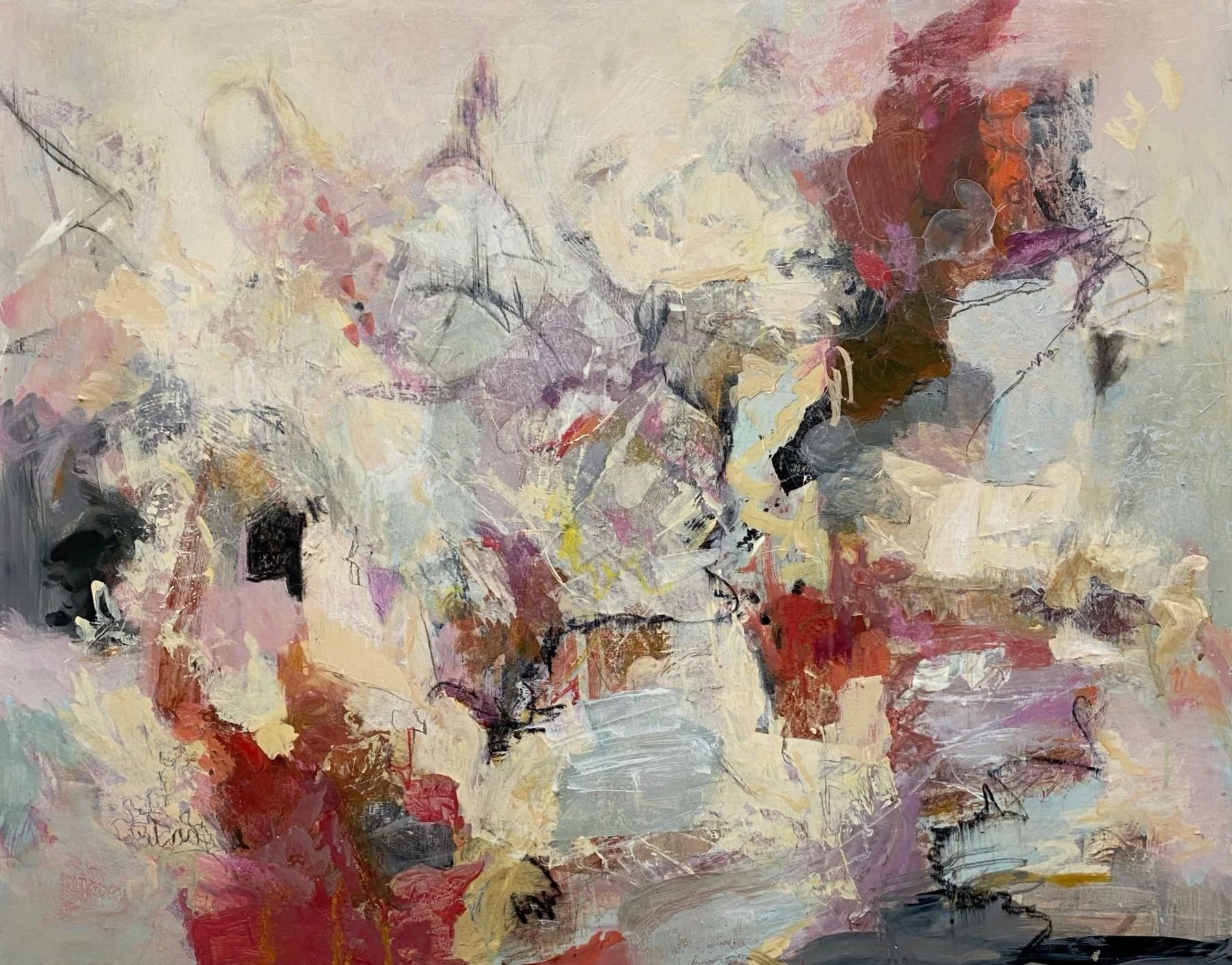 "Basking in a Warm Glow." Acrylic & Mixed Media on 24x24" gallery canvas. Warm reds and yellows, expressive linework, and layering make this an active yet calm piece. Perhaps the glow of a sunset, joy of a family, an achievement. The choice resides w