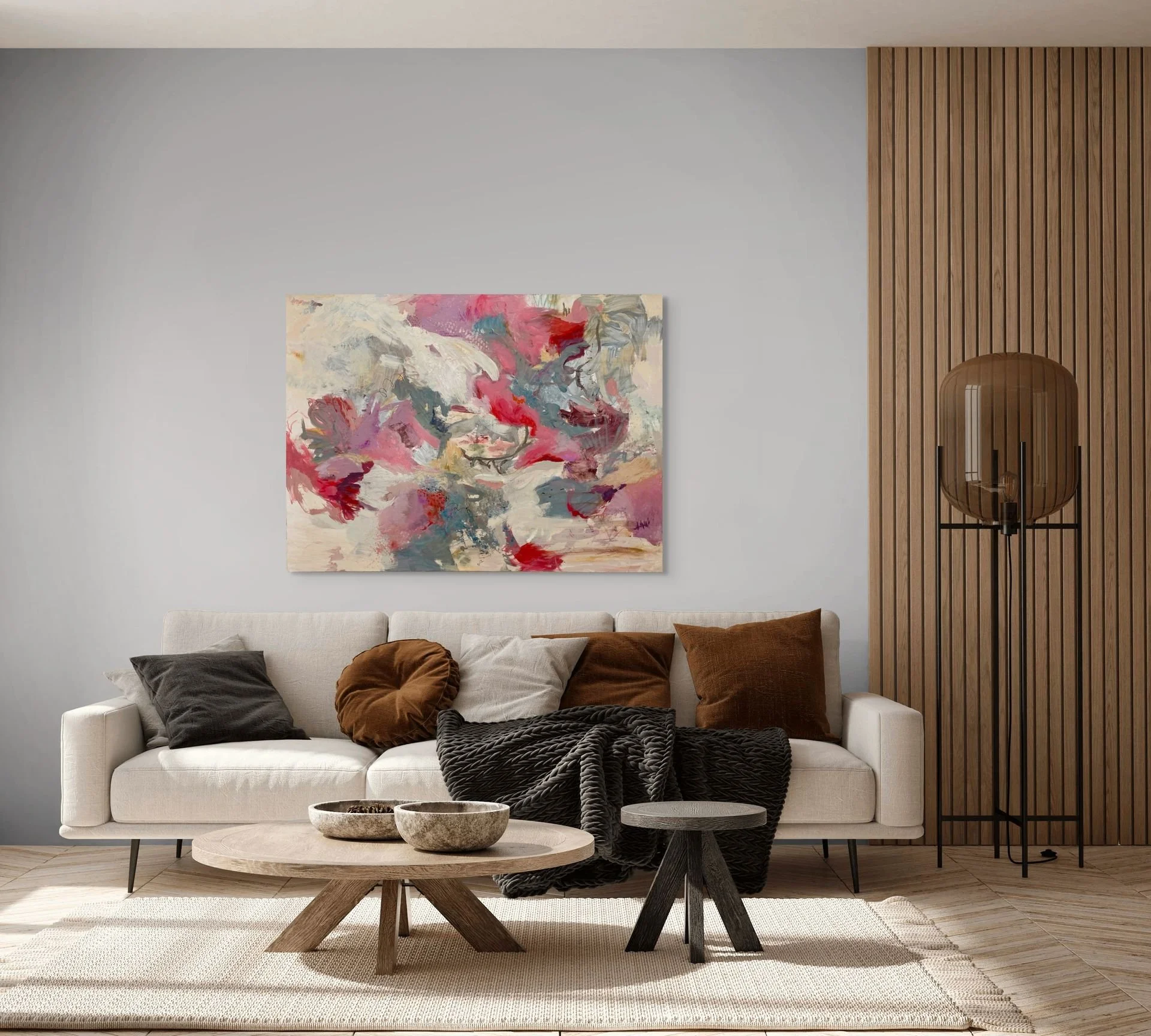 "Swept Up in the Moment" contemporary painting in a comfortable modern room.