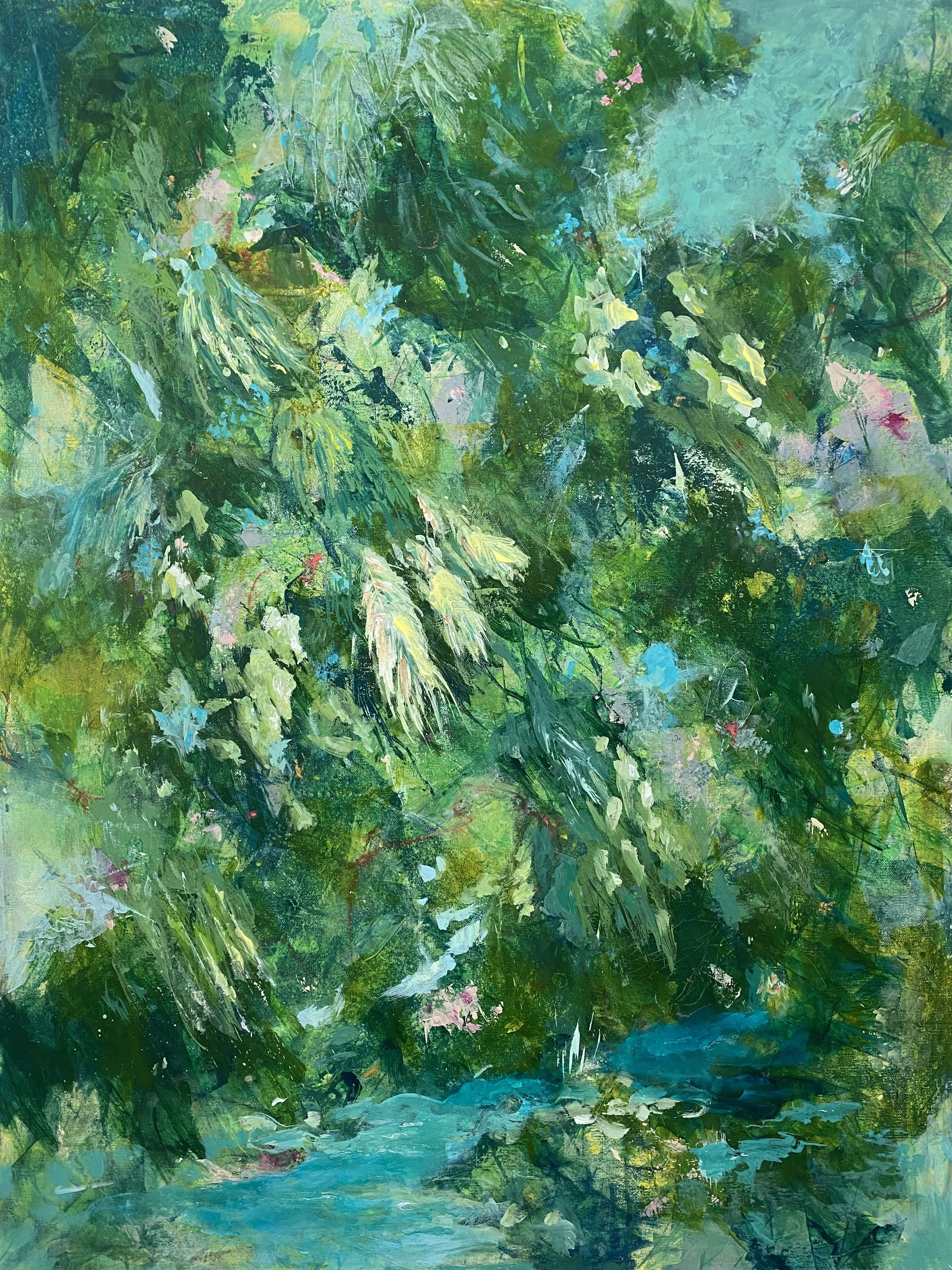 "Sanctuary." Acrylic & Mixed Media on Gallery Canvas. 30x40" $1200.
"Sanctuary" is a large-scale contemporary abstract painting inspired by forest environments. Layered greens and luminous forms evoke shelter, renewal, and connection with nature.