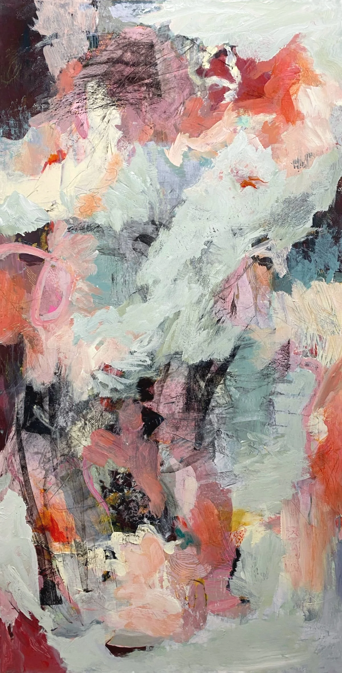 Abstract expressionist painting with pink, red, black, white, and light green brushstrokes.