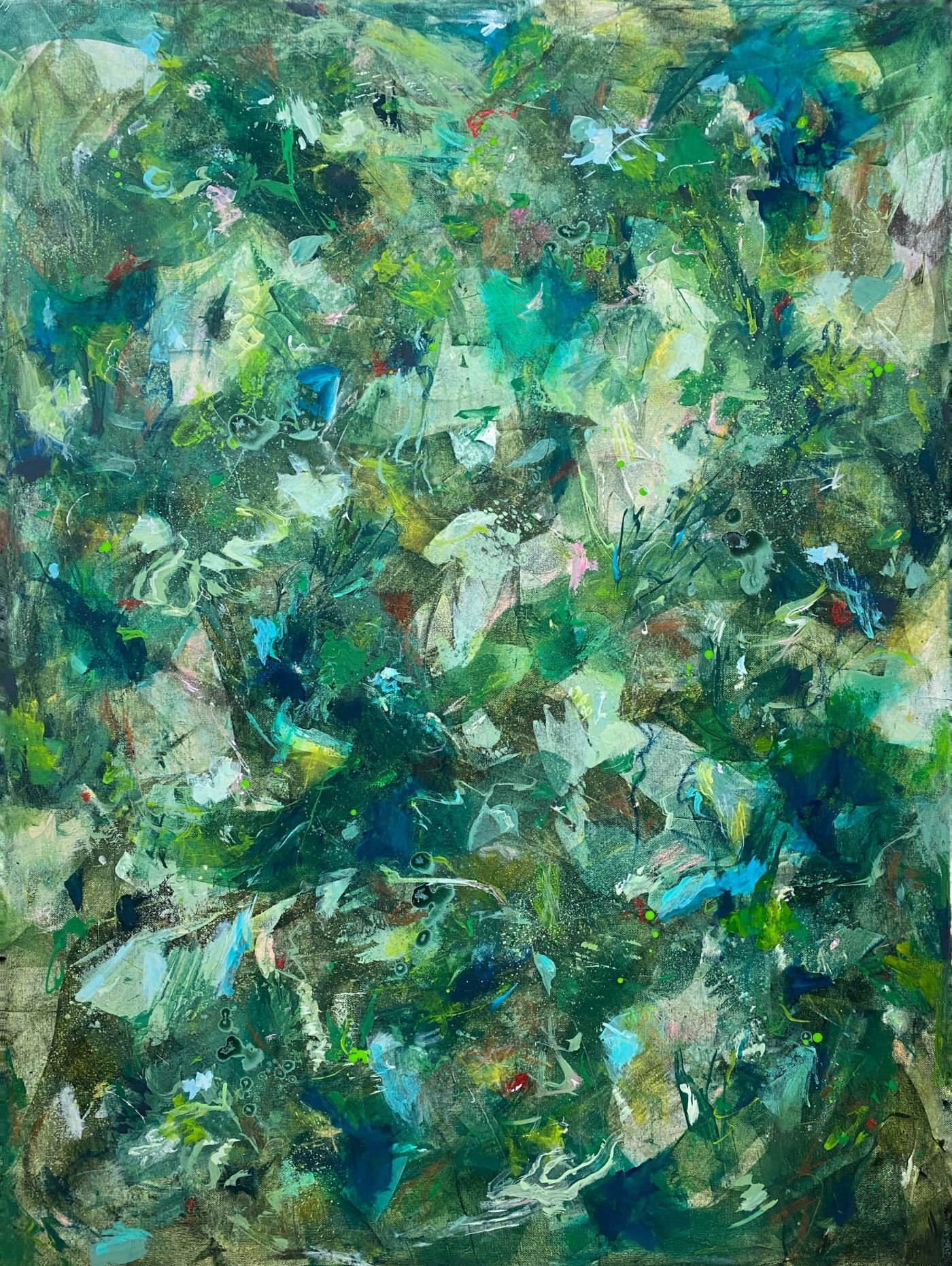 "Uplifted in a Mellow Wind." Acrylic & Mixed Media on Gallery Canvas. 30x40" $1200.
"Uplifted in a Mellow Wind" is a contemporary abstract painting inspired by the movement of air through coastal forests. Layers of green, turquoise, and blue create a