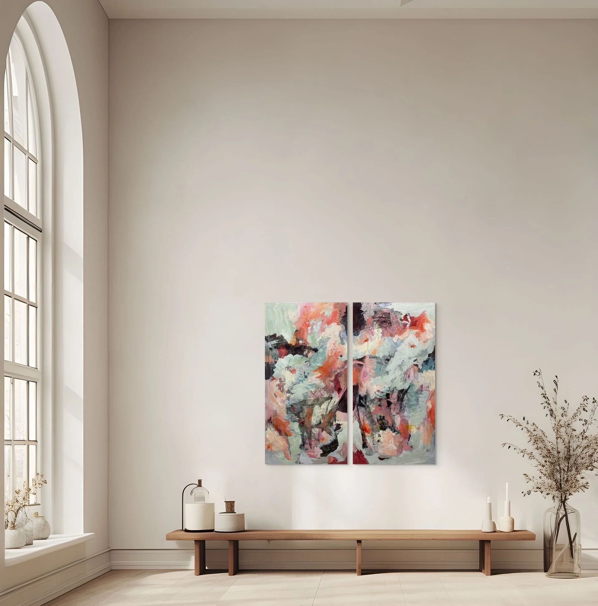 Two abstract paintings, "A Day for Dancing" & "I Feel So Fine," add colourful drama to this contemporary space.