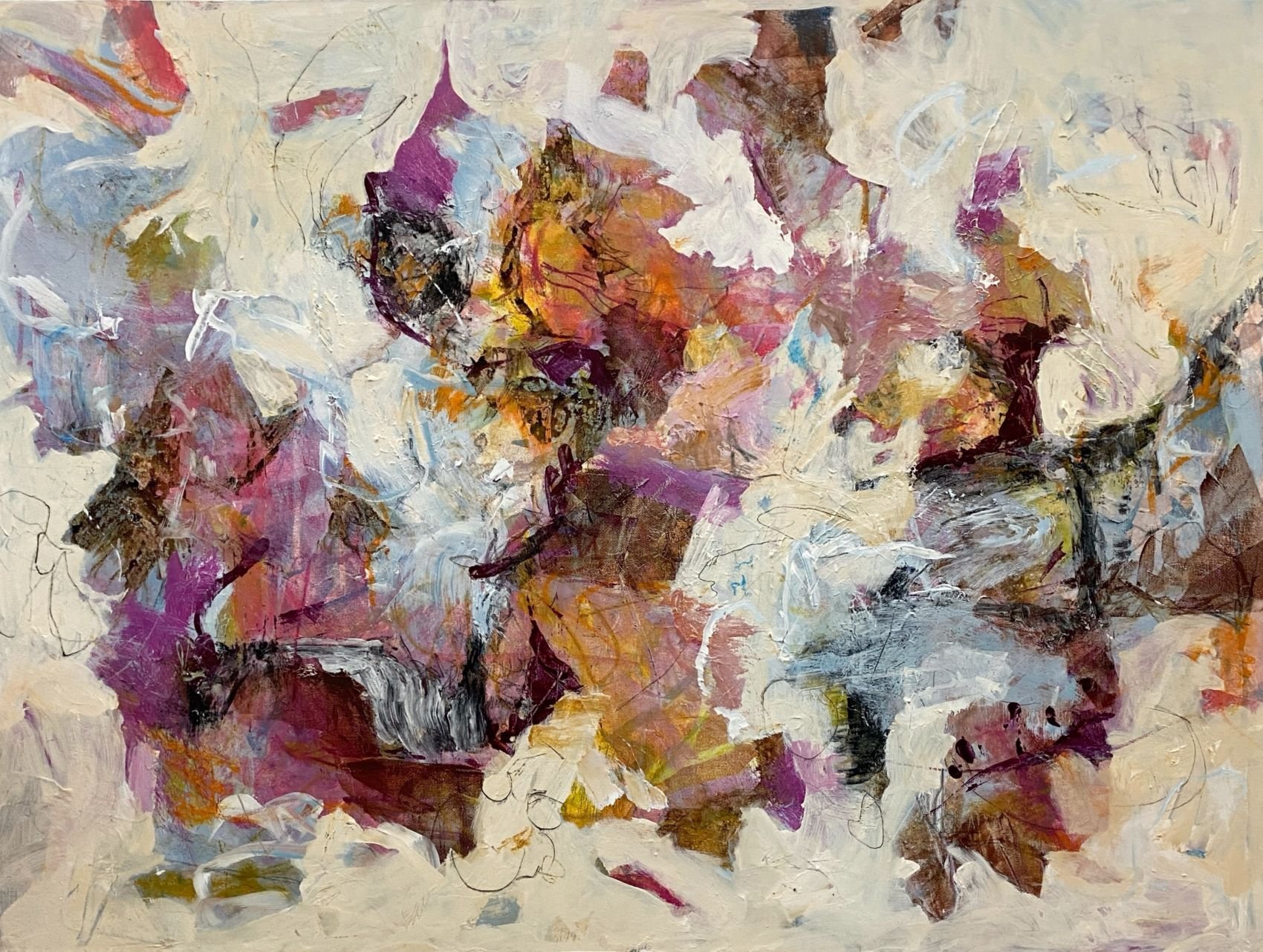 "Marvelous Mayhem." Acrylic and mixed media on 30 x 40 x 1 1/2" gallery canvas. $1200. 
 Marvelous Mayhem's capricious interplay of abstract shapes, line and colour invites the viewer to form their unique interpretations.