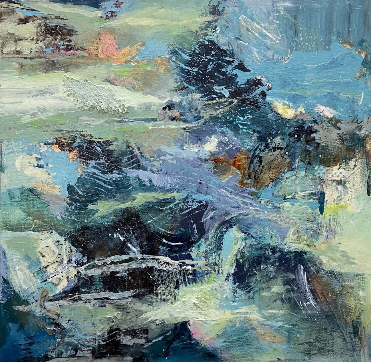 "River's Edge." Acrylic & Mixed Media on 20x20" gallery canvas. $470. In River's Edge, air and water undulate around and over surfaces. Soft greens and deeper blues mingle with pockets of rust colours. Both power and gentleness are reflected in the p