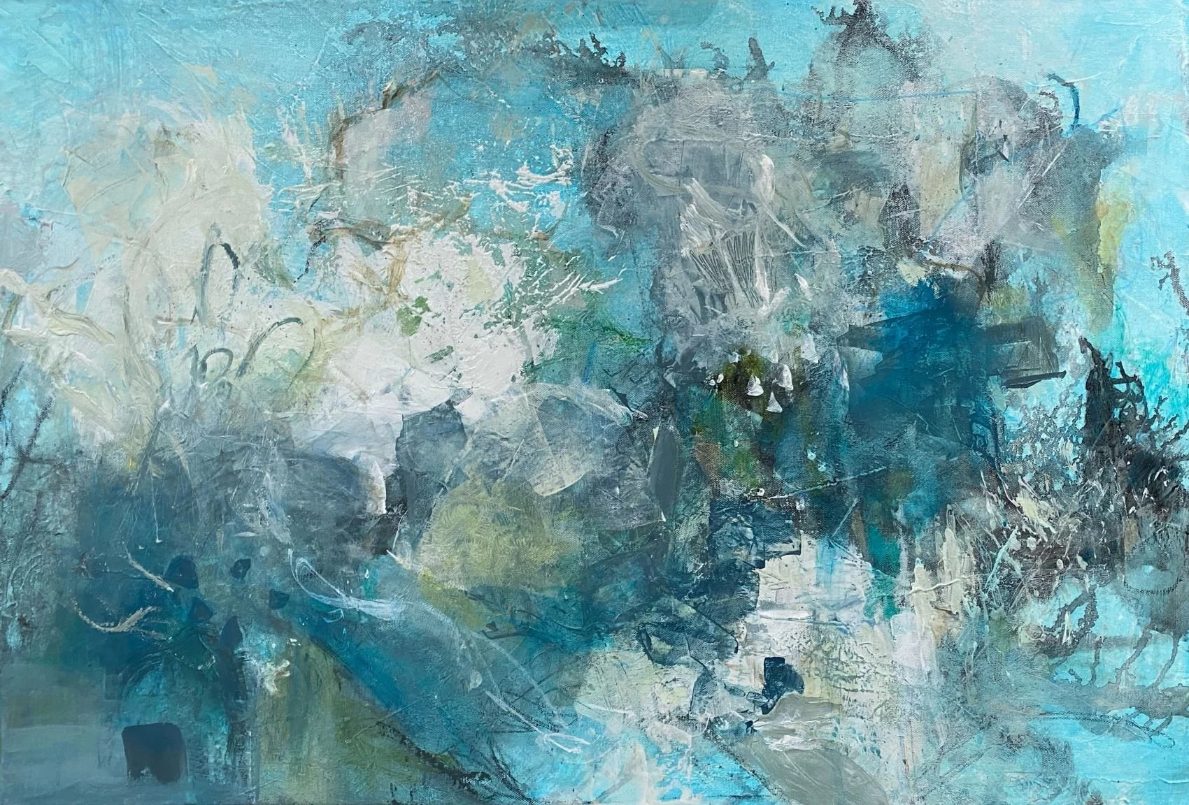 "In the Beginning." Acrylic & Mixed Media on Gallery Canvas. " 24x36x1.5" $875 In the Beginning explores emergence and possibility through layered abstract forms inspired by creation, growth, and the origins of natural systems and life itsel.f