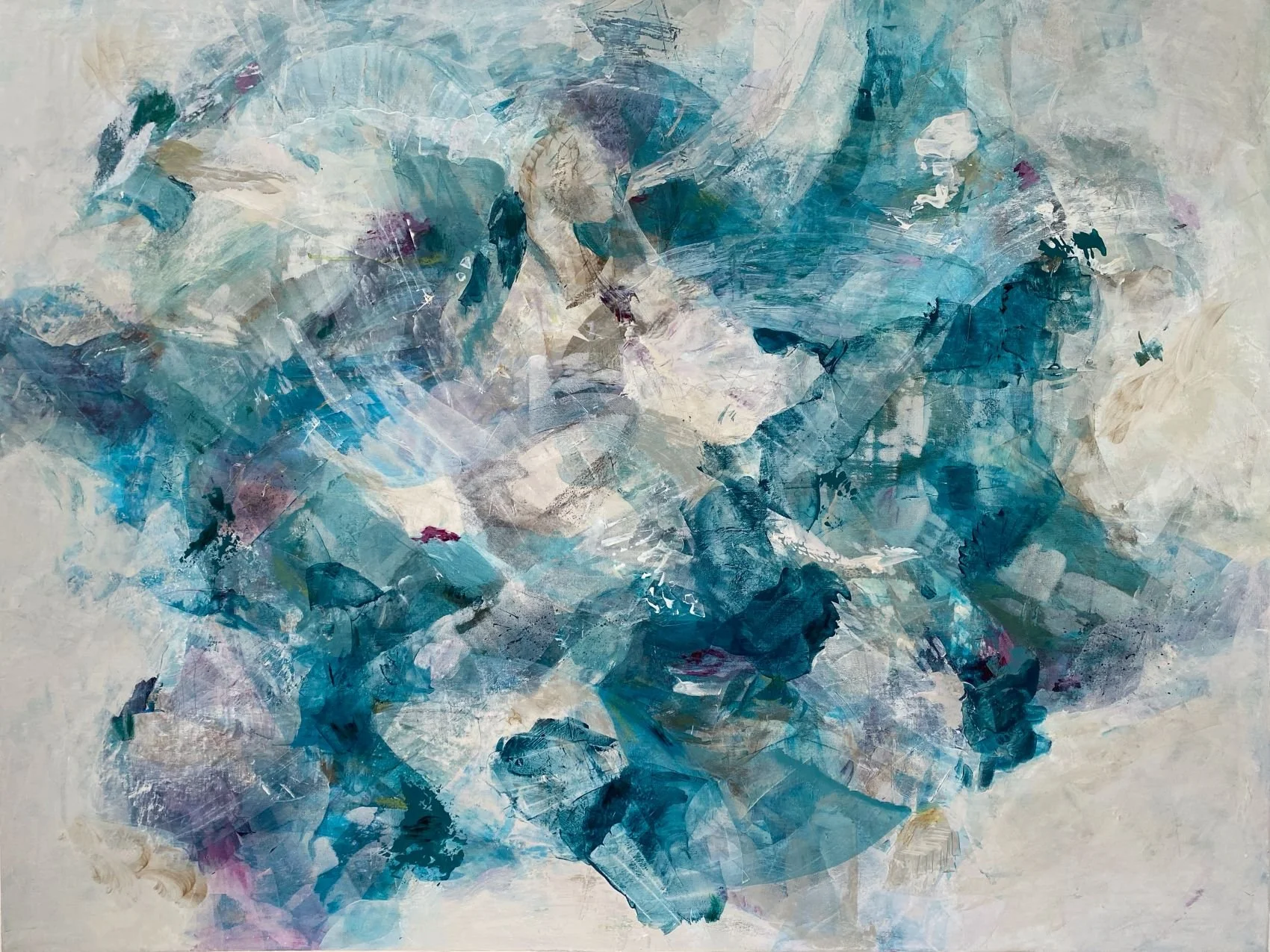 "Drifting in a Sea of Time." Acrylic and mixed media on 36 x 48 x 1 1/2" gallery canvas. $1650. 
Drifting in a Sea of Time reflects the fluid nature of memory and experience through abstract forms inspired by water, atmosphere, and natural rhythms