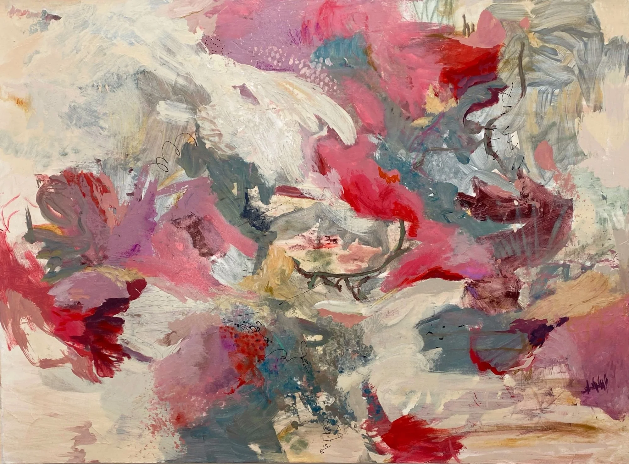 "Swept Up in the Moment." Acrylic and mixed media on 36 x 48 x 1 1/2" gallery canvas. $1650. 
Swept Up in the Moment captures spontaneity, joy, and emotional energy through layered colour, expressive movement, and contemporary abstraction.