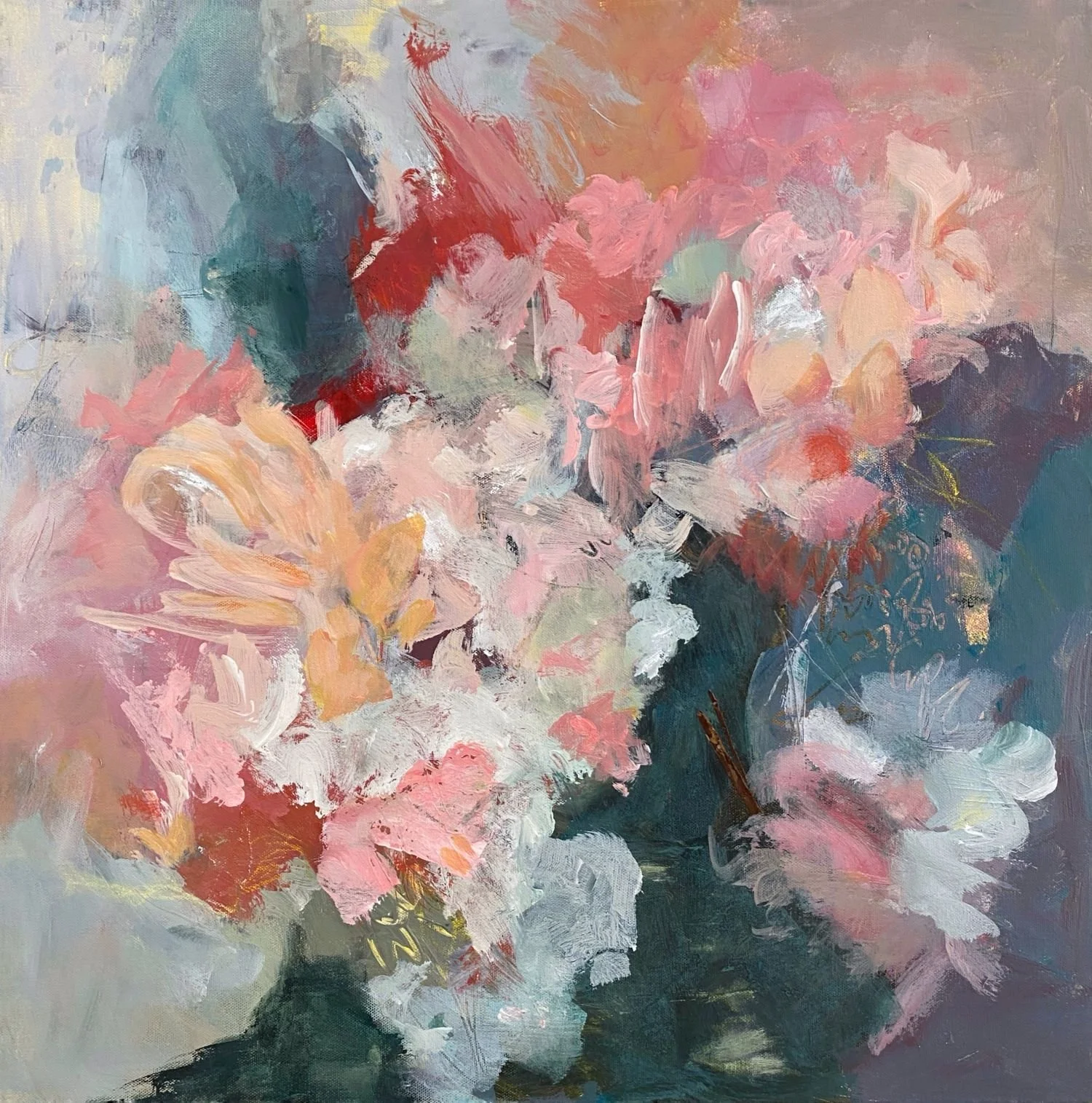 "Colour Cascade." Acrylic and mixed media on 24x24 x 1 1/2" gallery canvas. $620. 
Colour Cascade celebrates movement and vitality through cascading layers of colour and expressive abstract forms inspired by nature and seasonal change.