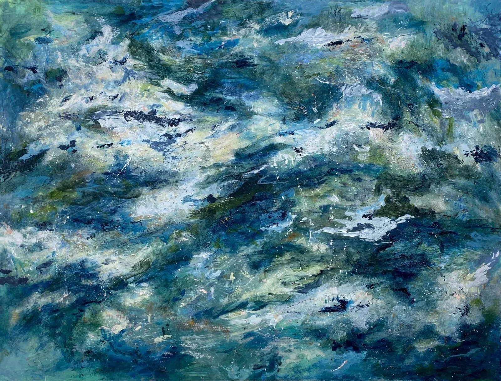 "Symphony in Blue." Acrylic & Mixed Media on 36x48" gallery canvas. $1600.
Symphony in Blue is a contemporary abstract painting inspired by the movement, rhythm, and atmosphere of water. Layered blues evoke the ocean’s depth, surface, and shifting mo