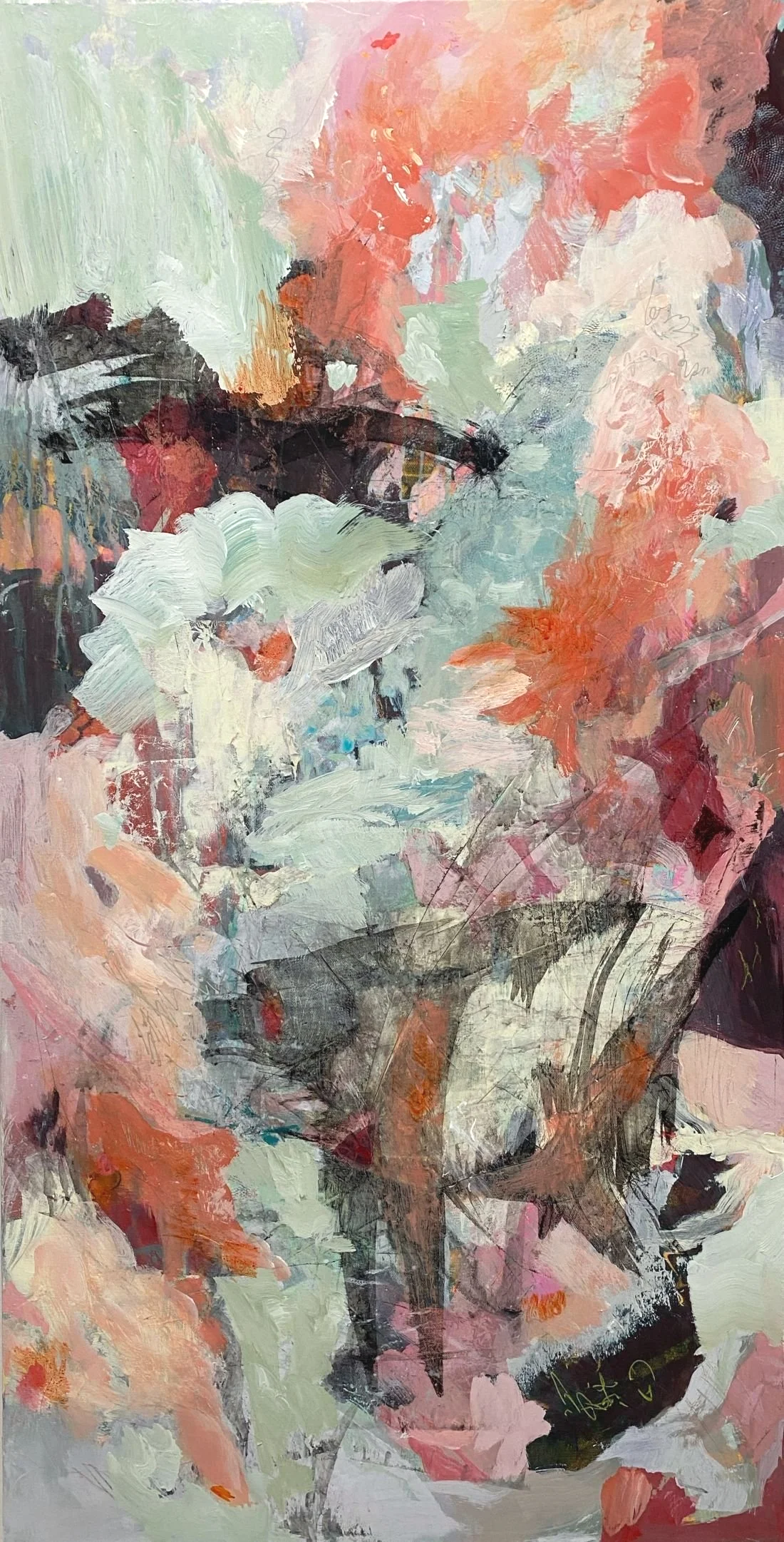 Abstract floral painting with pink, peach, white, green, and black brushstrokes.