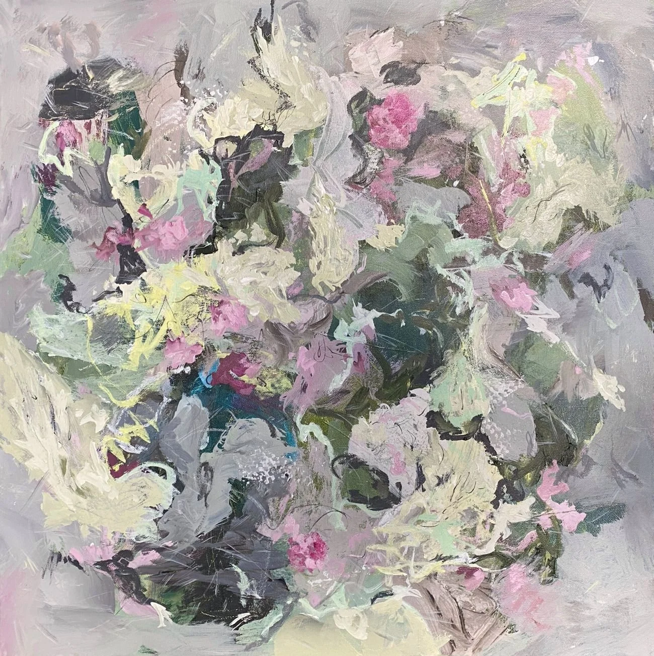 "Wind Tossed." Acrylic & Mixed Media on Gallery Canvas. 24x24x1.5" $620. 
Wind Tossed captures the restless movement of nature through expressive mark-making, organic forms, and a lively sense of rhythm and motion.