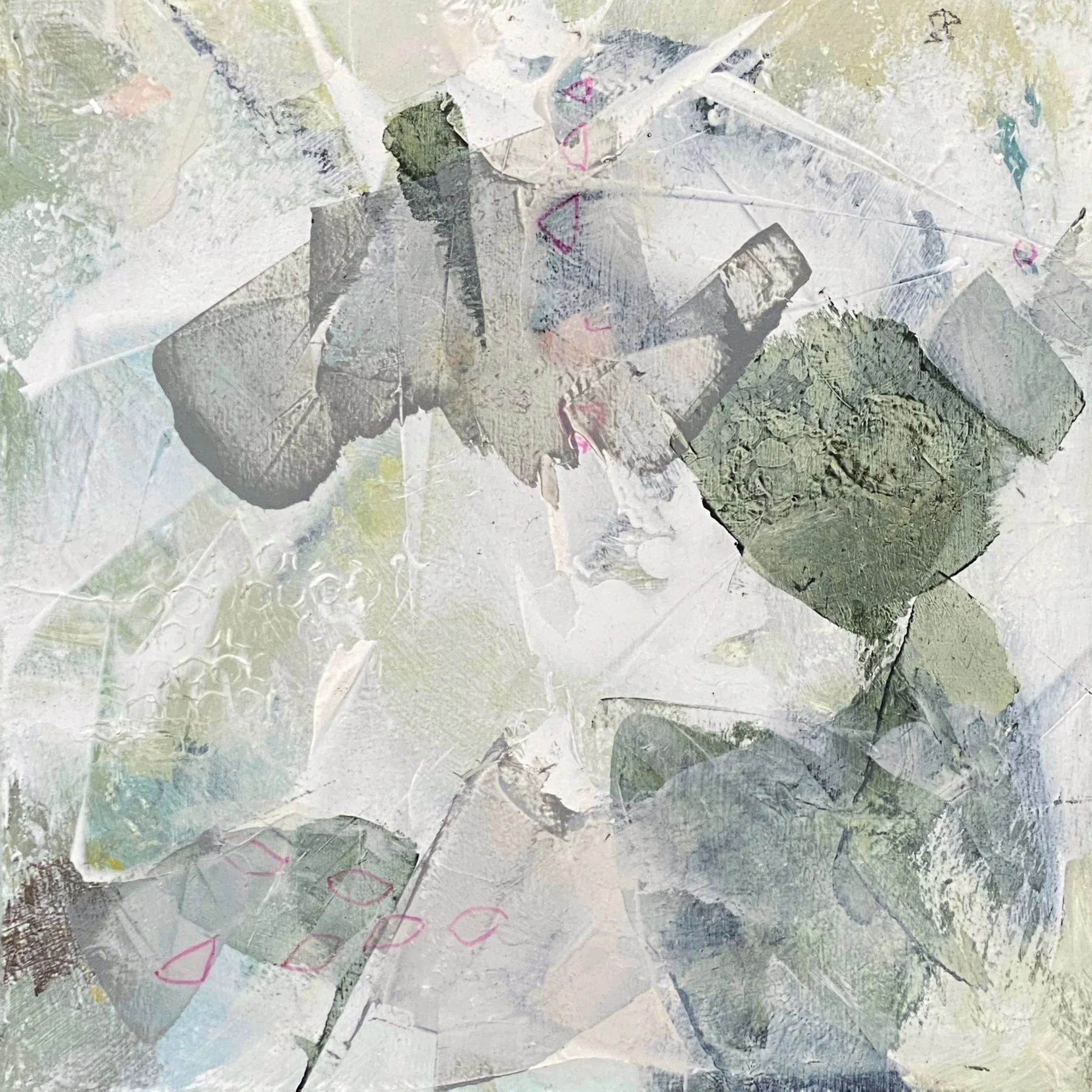 "Forest cathedral." 12x12" Acrylic and mixed media on board, framed. 2023 $300 