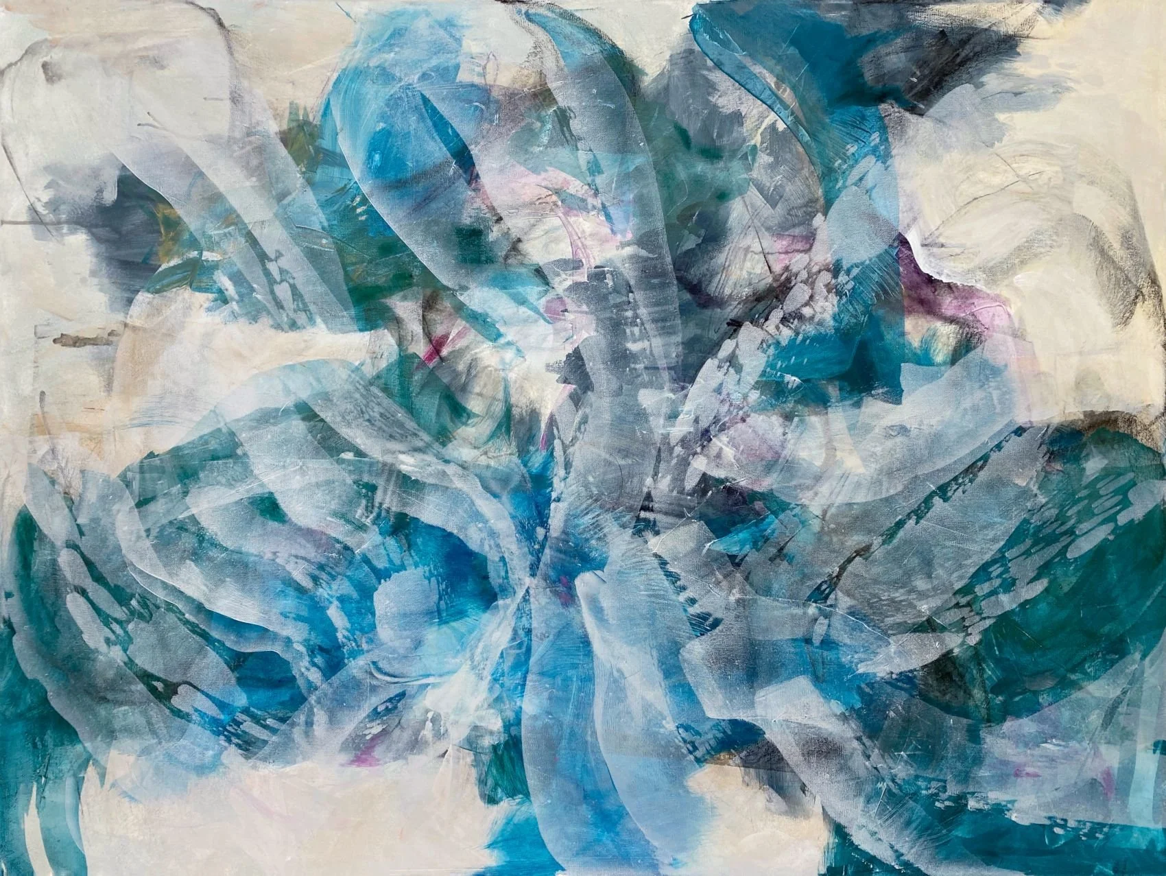 "Eddies into Eternity." Acrylic and mixed media on 36 x 48 x 1 1/2" gallery canvas. $1650. 
Eddies into Eternity explores the relationship between water, movement, as well as human and geological time through layered abstract forms inspired by ocean 
