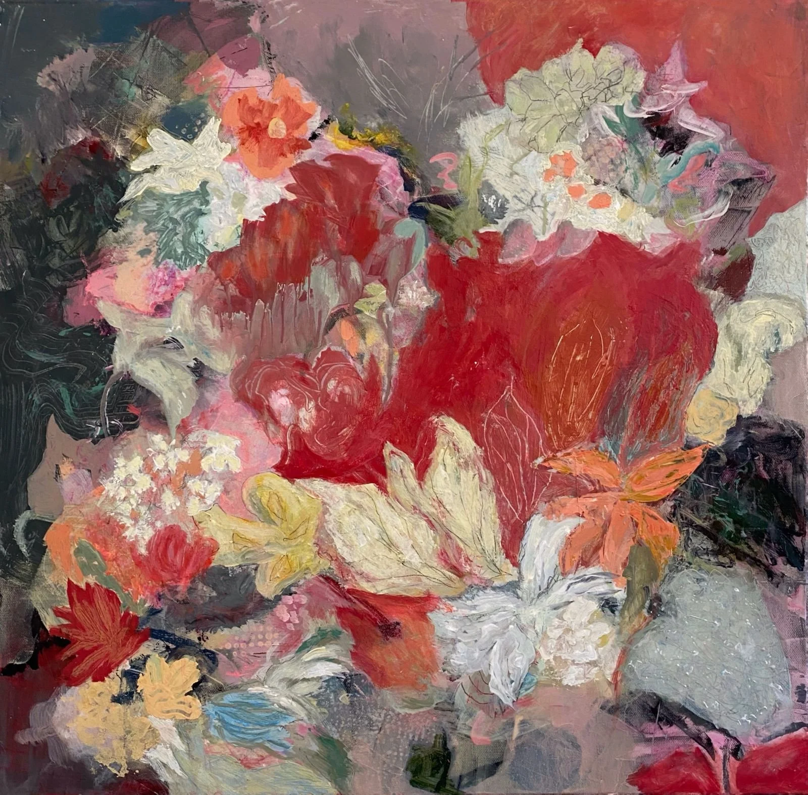 "Midsummer Medley." Acrylic & Mixed Media on 24x24" gallery canvas. $620. Summer's most robust colours are celebrated in the abstracted flowers in this abstract painting.  Bold reds, yellows and oranges steal the show.