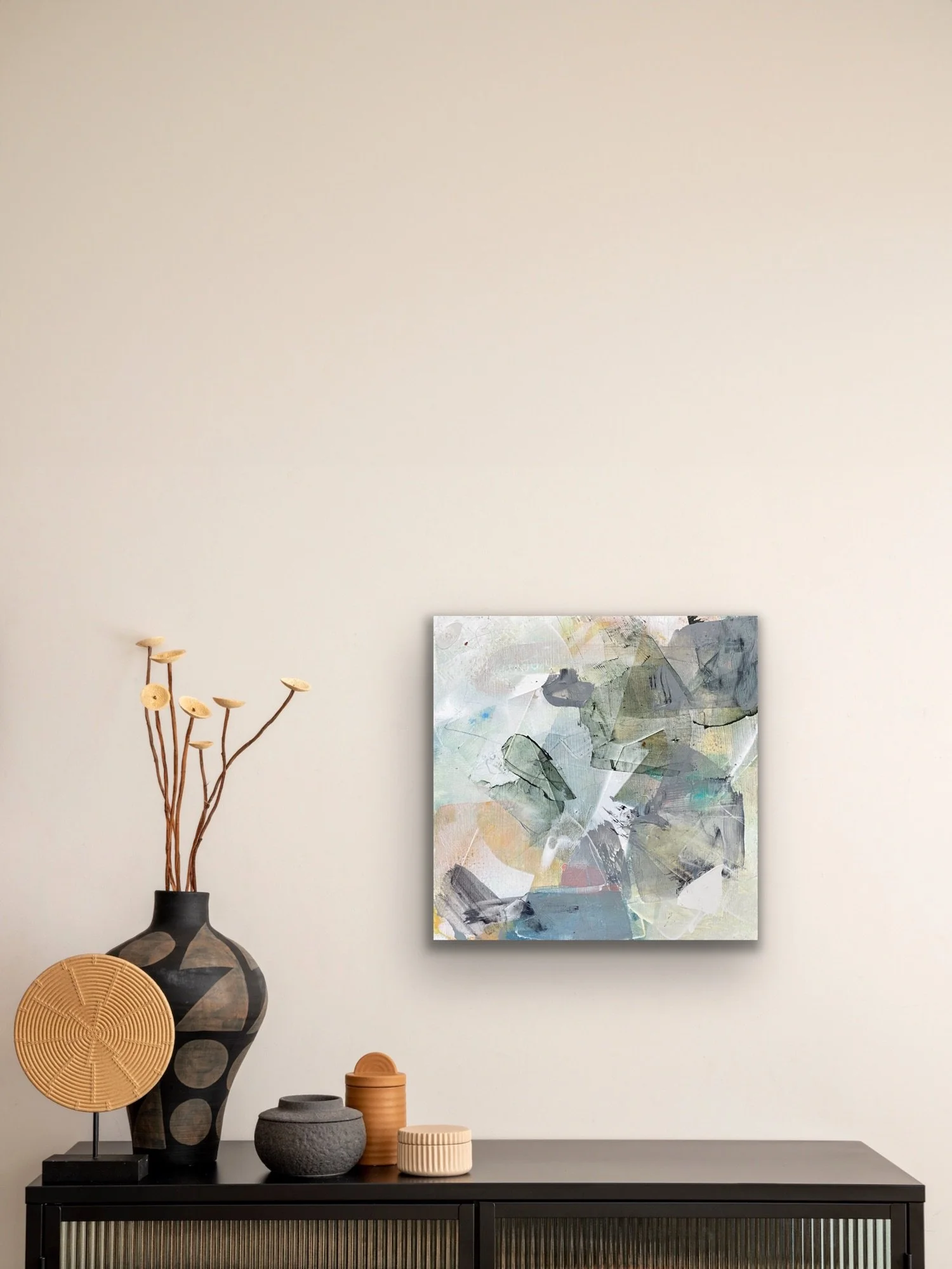 "Rain Softens Edges," an abstract painting that adds calm to a section of a contemporary home.