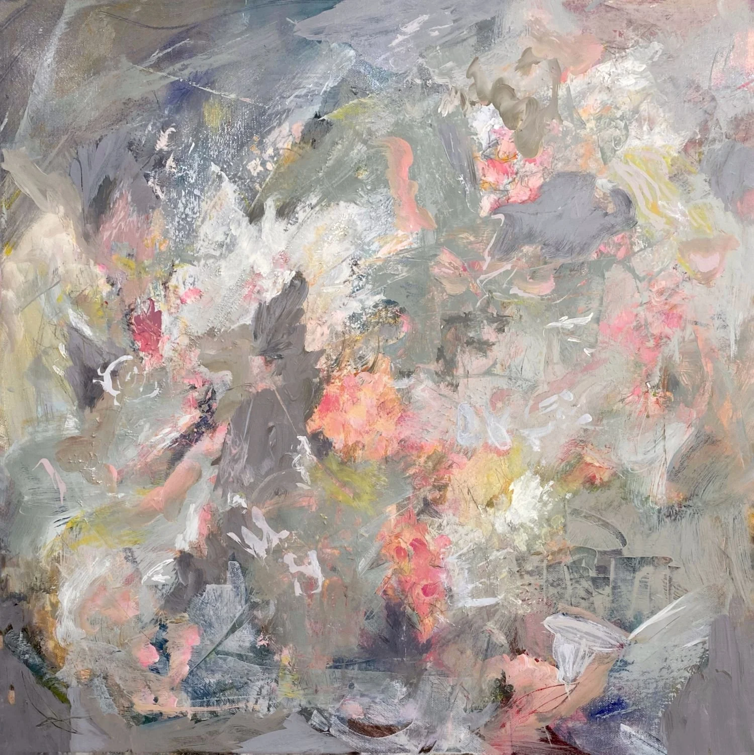 "A Misty Morning." Acrylic & Mixed Media on Gallery Canvas. 24x24x1.5" $620. Fog rolls in, softening  edges. The air is fresh and crisp. Remnants of summer colour linger as September ushers in change. We long for warmth and comfort. 