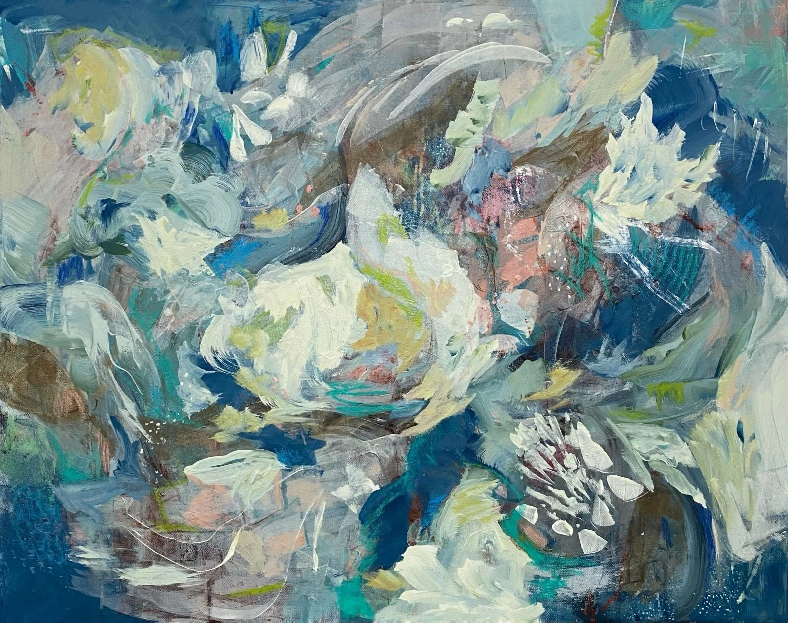 "Secrets of the Night." Acrylic & Mixed Media on Gallery Canvas. 24x30" $780. 

Secrets of the Night explores the hidden beauty of the natural world through expressive abstract forms inspired by moonlight, movement, and quiet observation.