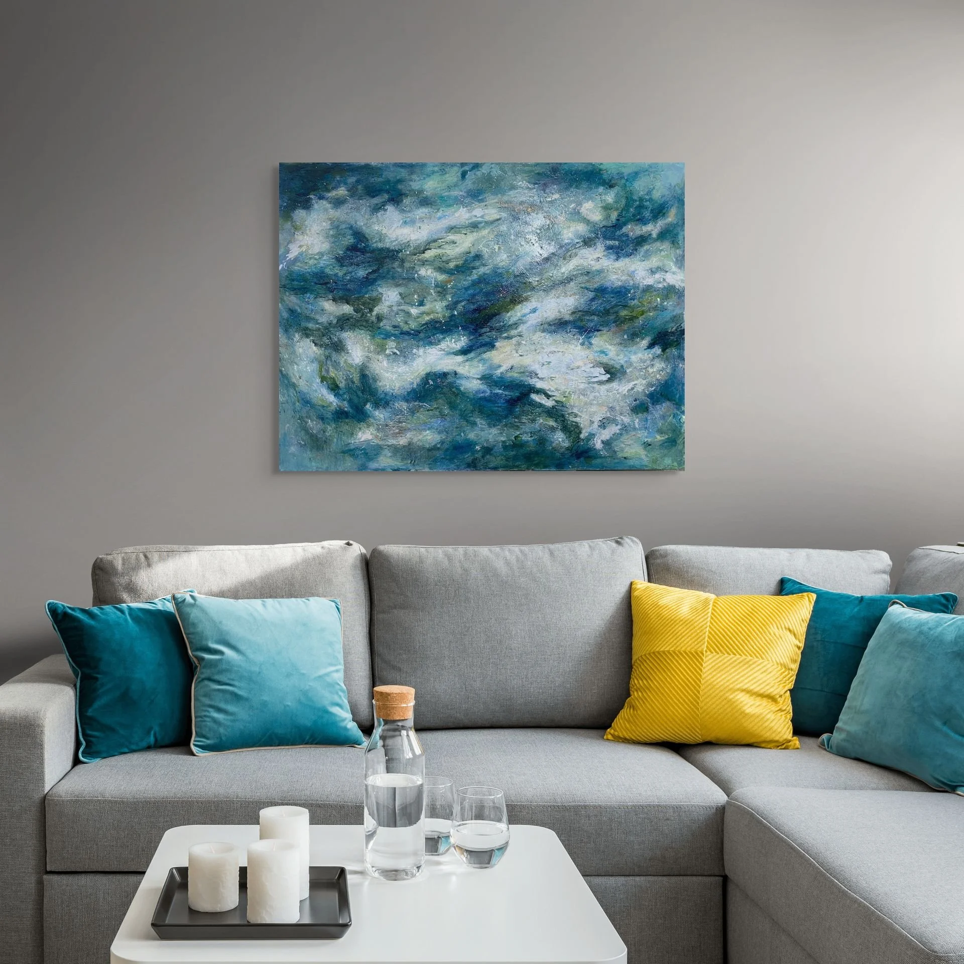 The abstract painting "Poseidon's Realm" brings the drama of the ocean into a home setting.