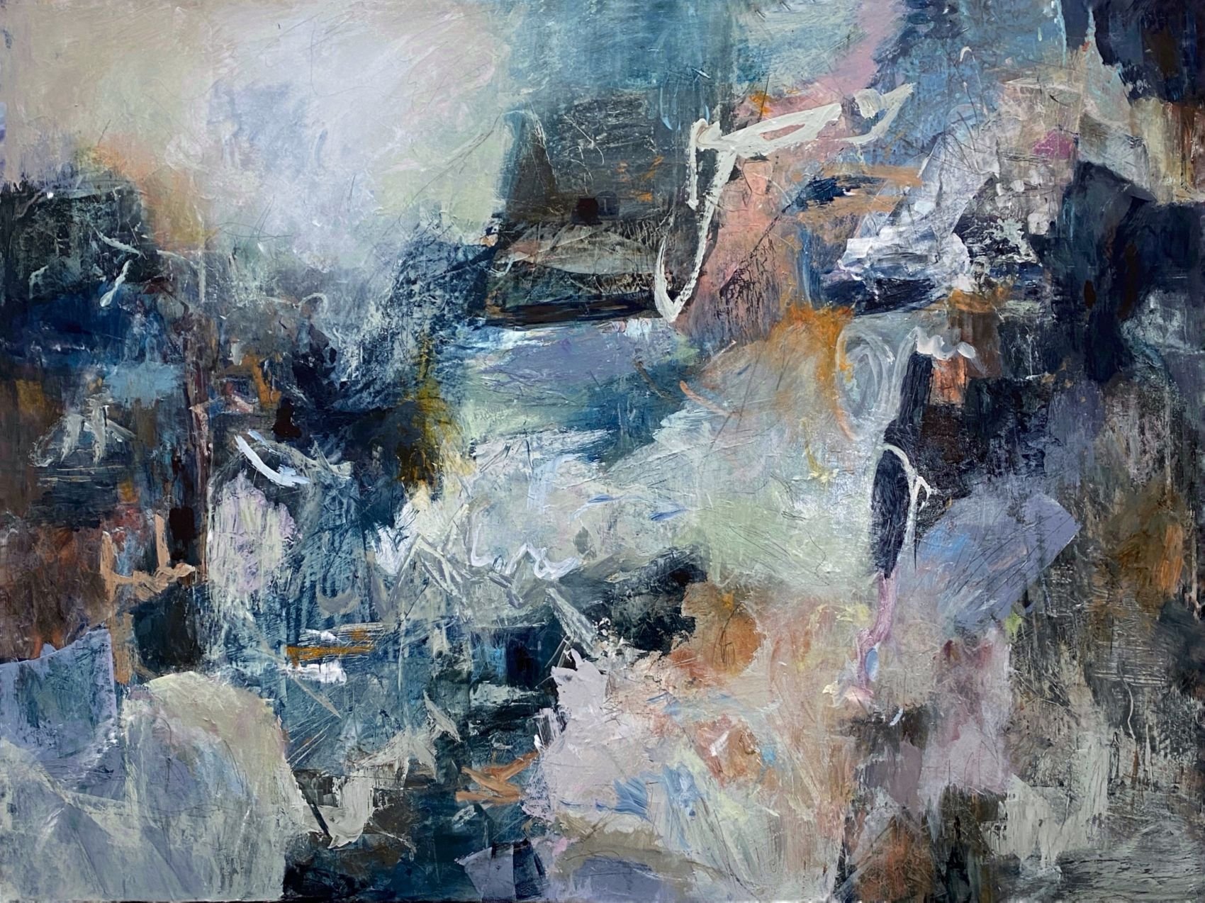 "Portal." Acrylic and mixed media on 30 x 40 x 1 1/2" gallery canvas. $1200. 
Portal explores thresholds and transformation through layered abstract forms inspired by movement, change, and new beginnings.