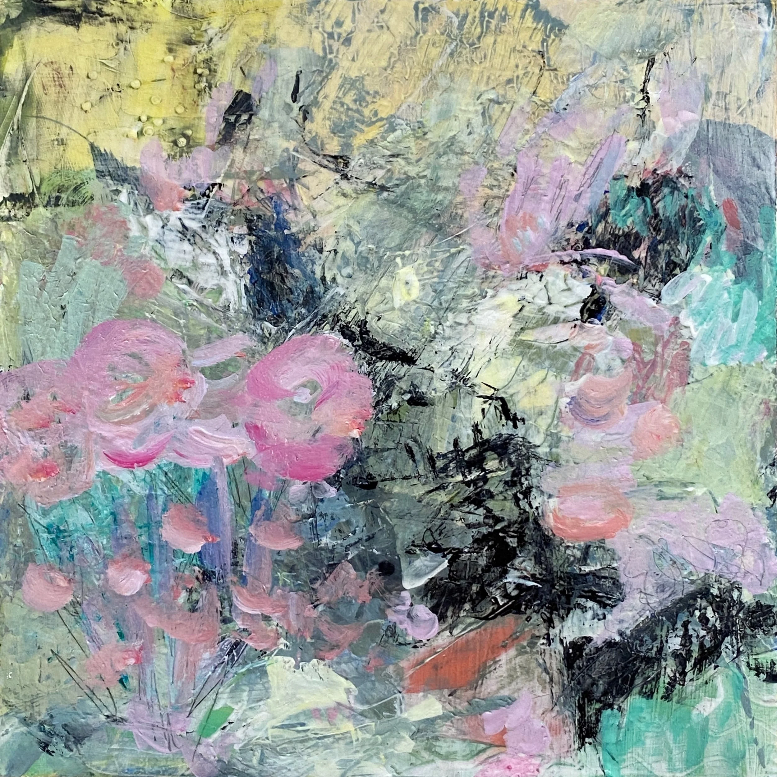 'Pretty in pink'. 8x8" Acrylic and mixed media on 1 1/2 inch cradled panel. 2023 SOLD 