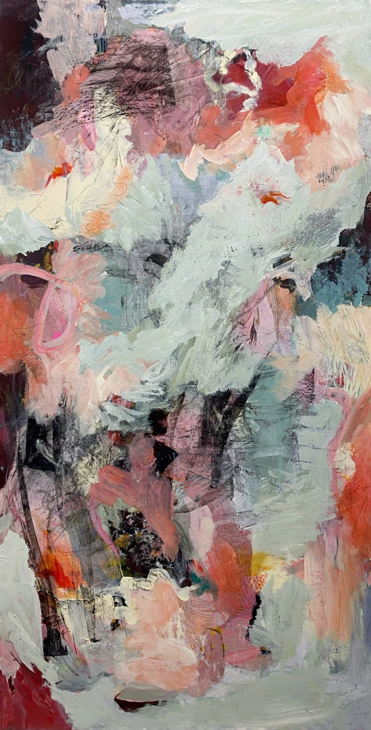 "Feeling so Fine." Acrylic & Mixed Media on Gallery Canvas. 24x48x1.5" Part of a diptych with "A Day for Dancing." 
Feeling So Fine is an optimistic abstract painting that uses colour, rhythm, and expressive forms to evoke joy, ease, and emotional op