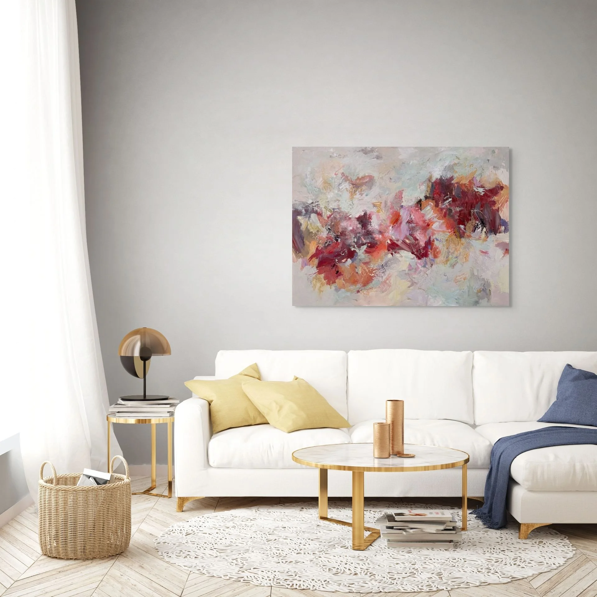 "Shake a Little Spice" abstract painting displayed above a contemporary living-room sofa.