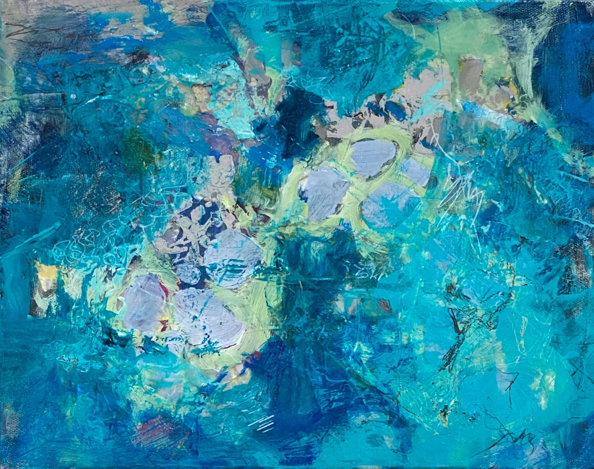 The Jeweled Sea. 12x12" Acrylic and mixed media on 1 - 1/2"cradled panel. 2023. $300