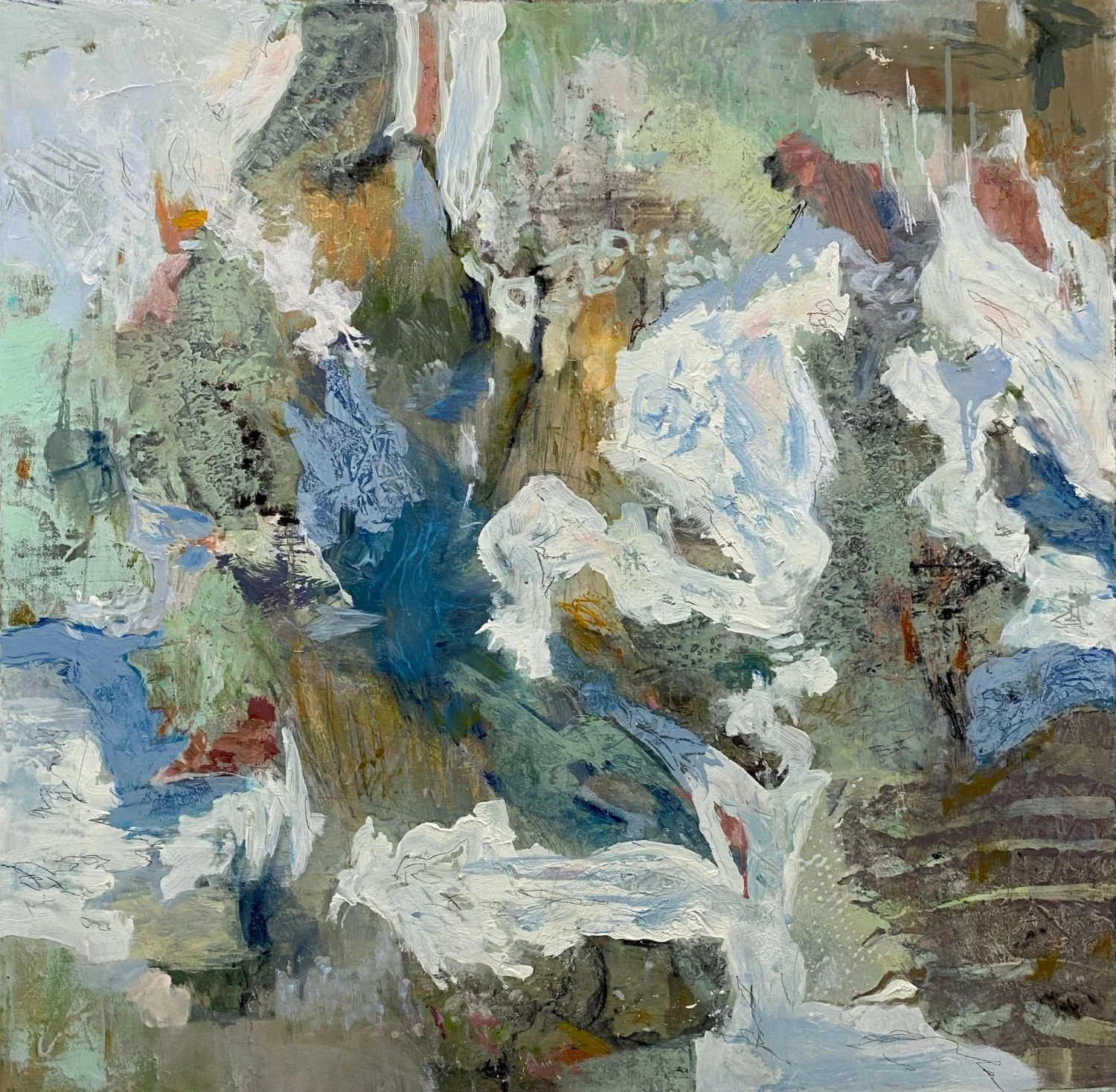 "Follow the River." Acrylic & Mixed Media on 24x24" gallery canvas. $620. Sinewy shapes in blues and whites carve through an abstract landscape. The view is from an aerial perspective. The terrain suggests uninhabited land. 