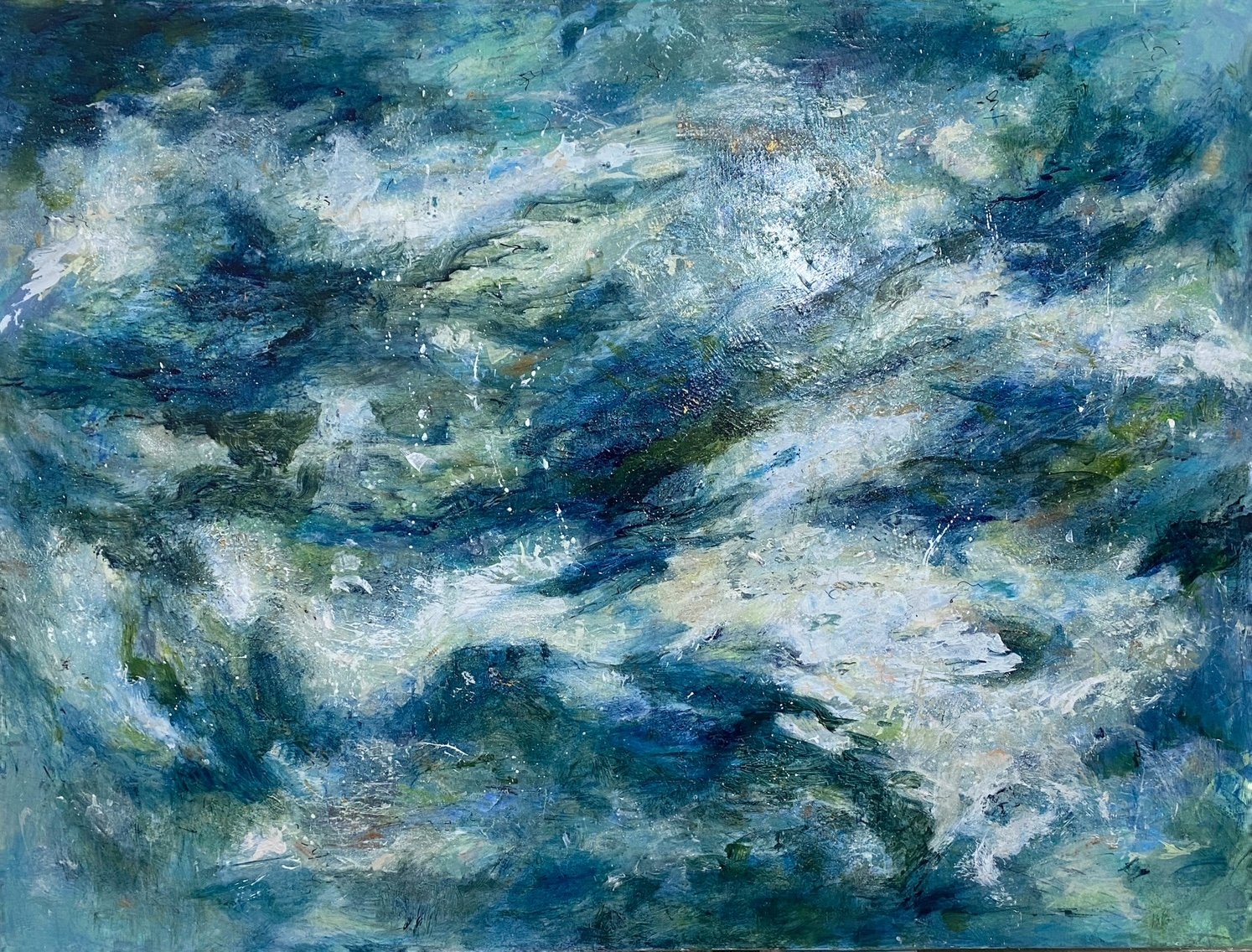 "Symphony in Blue." Acrylic & Mixed Media on 36x48" gallery canvas.  $1650
Symphony in Blue is a contemporary abstract painting inspired by the movement, rhythm, and atmosphere of water. Layered blues evoke the ocean’s depth, surface, and shifting mo