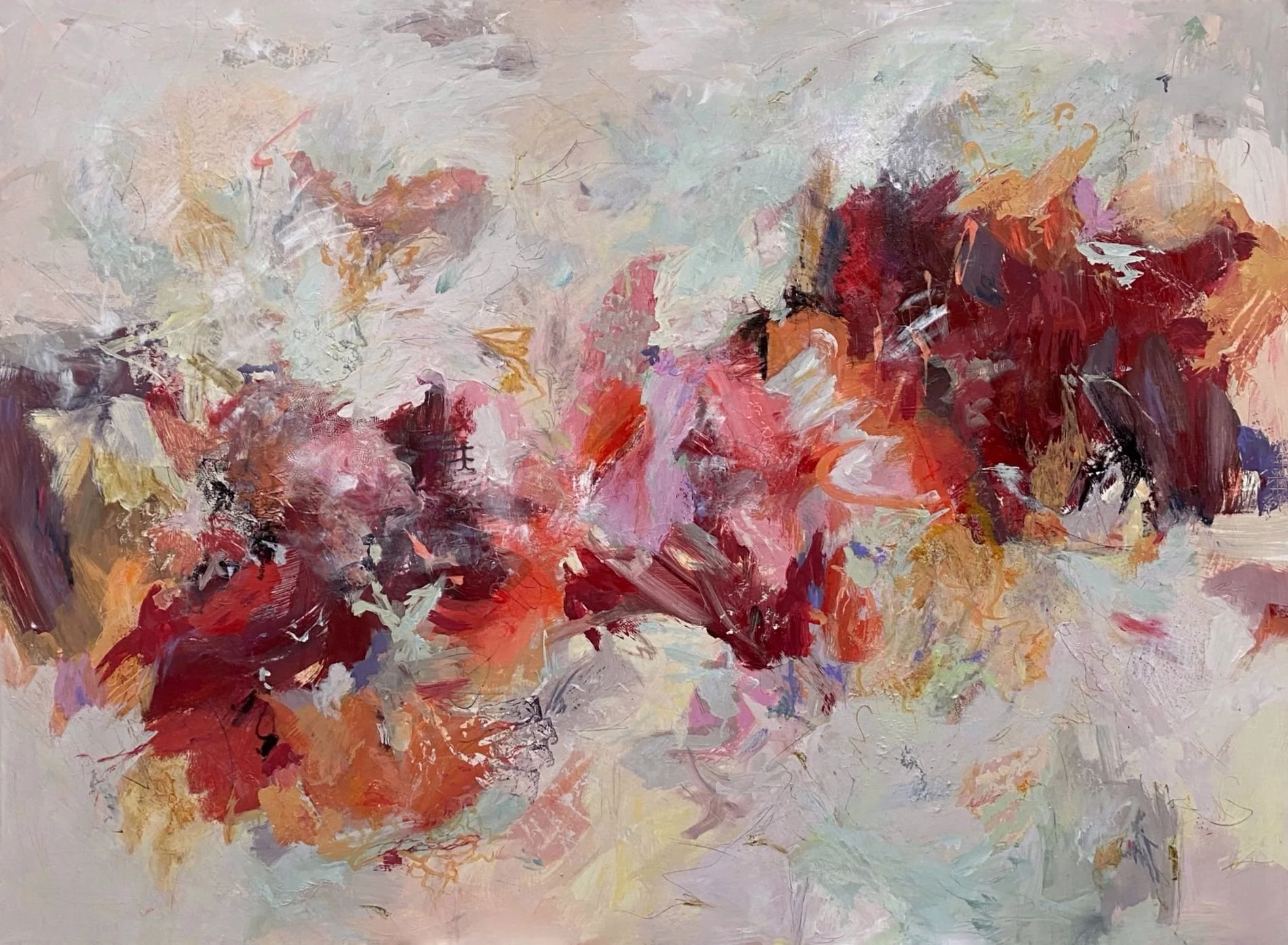 "Shake a Little Spice." Acrylic and mixed media on 36 x 48 x 1 1/2" gallery canvas. $1650. 
Shake a Little Spice celebrates energy, colour, and spontaneity through vibrant abstract forms inspired by movement, creativity, and life.