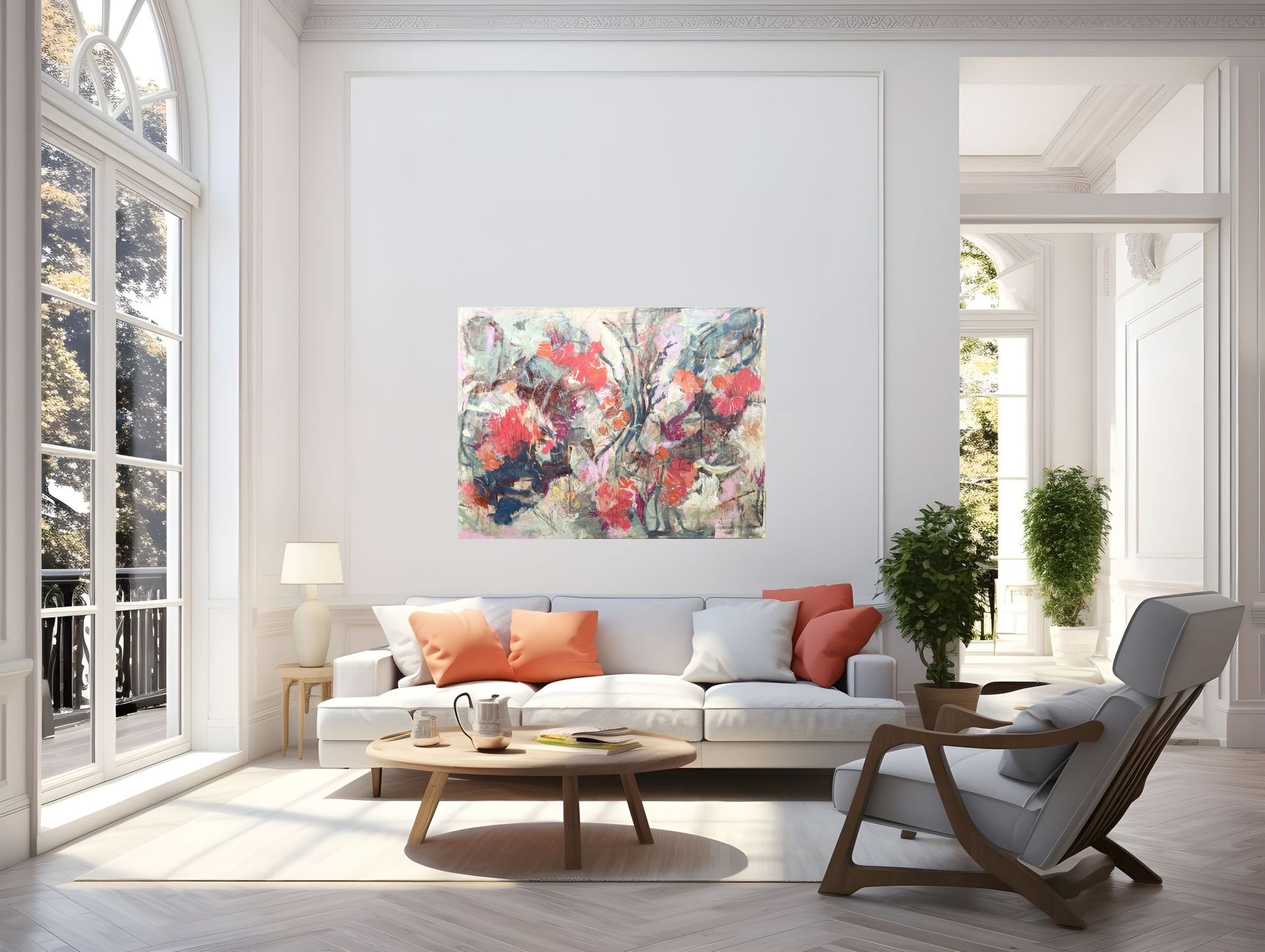 "Splendour in the Grass" abstract painting shown in a bright modern interior