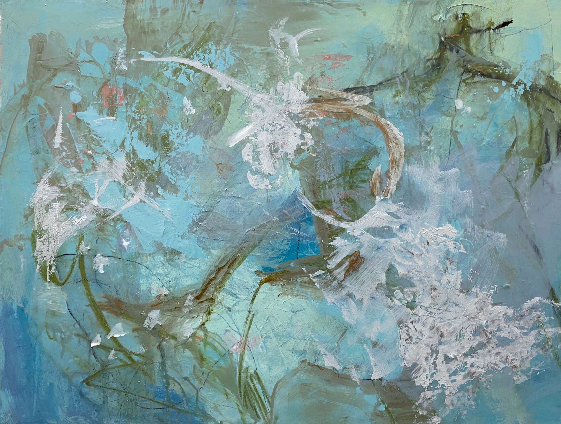"Sea Dance." Acrylic & Mixed Media on 18x24"gallery canvas. $500
Sea Dance captures the rhythm and movement of the ocean through expressive marks, layered textures, and flowing forms inspired by coastal waters.