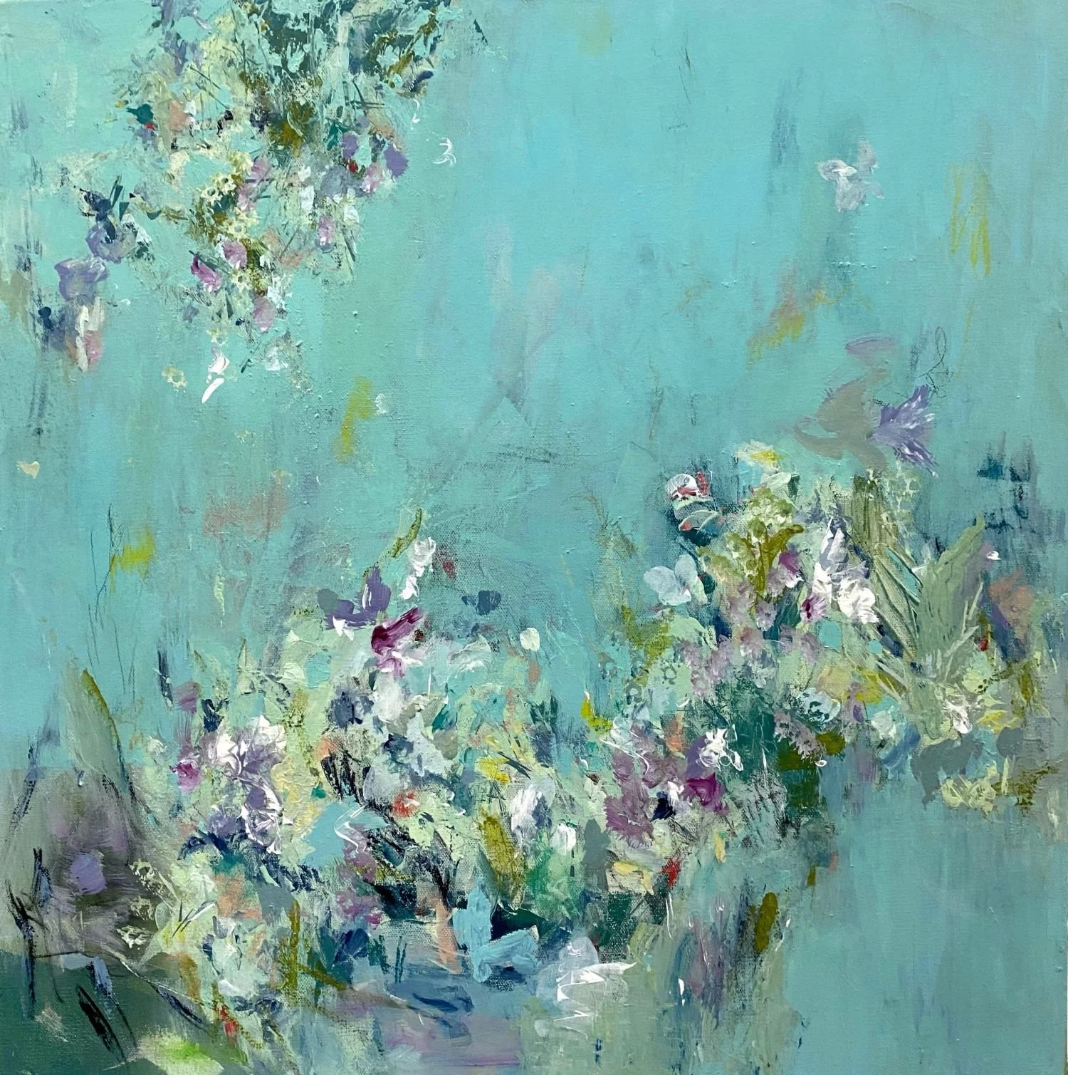 "Spirit Rises Like the Spirit of Love Everywhere" Acrylic & Mixed Media on Gallery Canvas. 24x24" $620. 
Spring Rises Like the Spirit of Love Everywhere celebrates renewal and awakening through delicate abstract forms inspired by spring flowers and s