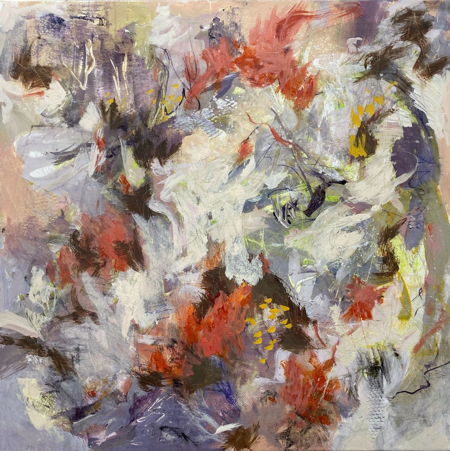 "Maple Woods." Acrylic & Mixed Media on Gallery Canvas. 24x24" $620.
Maple Woods explores the energy and transformation of the fall season. Layers of colour, texture, and organic forms suggest leaves in motion, changing light, and nature's continual 