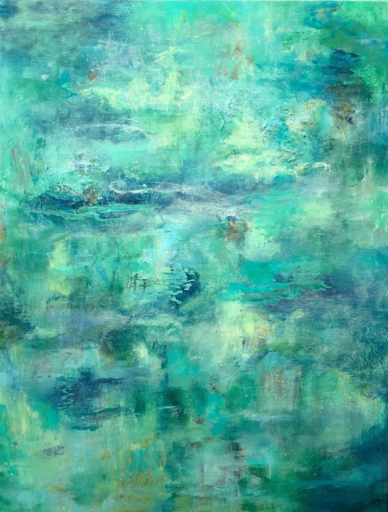 "A Meditation on Still Waters." Acrylic & Mixed Media on 40x30" gallery canvas. $780
A Meditation on Still Waters explores calmness and reflection through luminous layers of turquoise, aqua, and blue. Inspired by water and atmosphere, the painting in