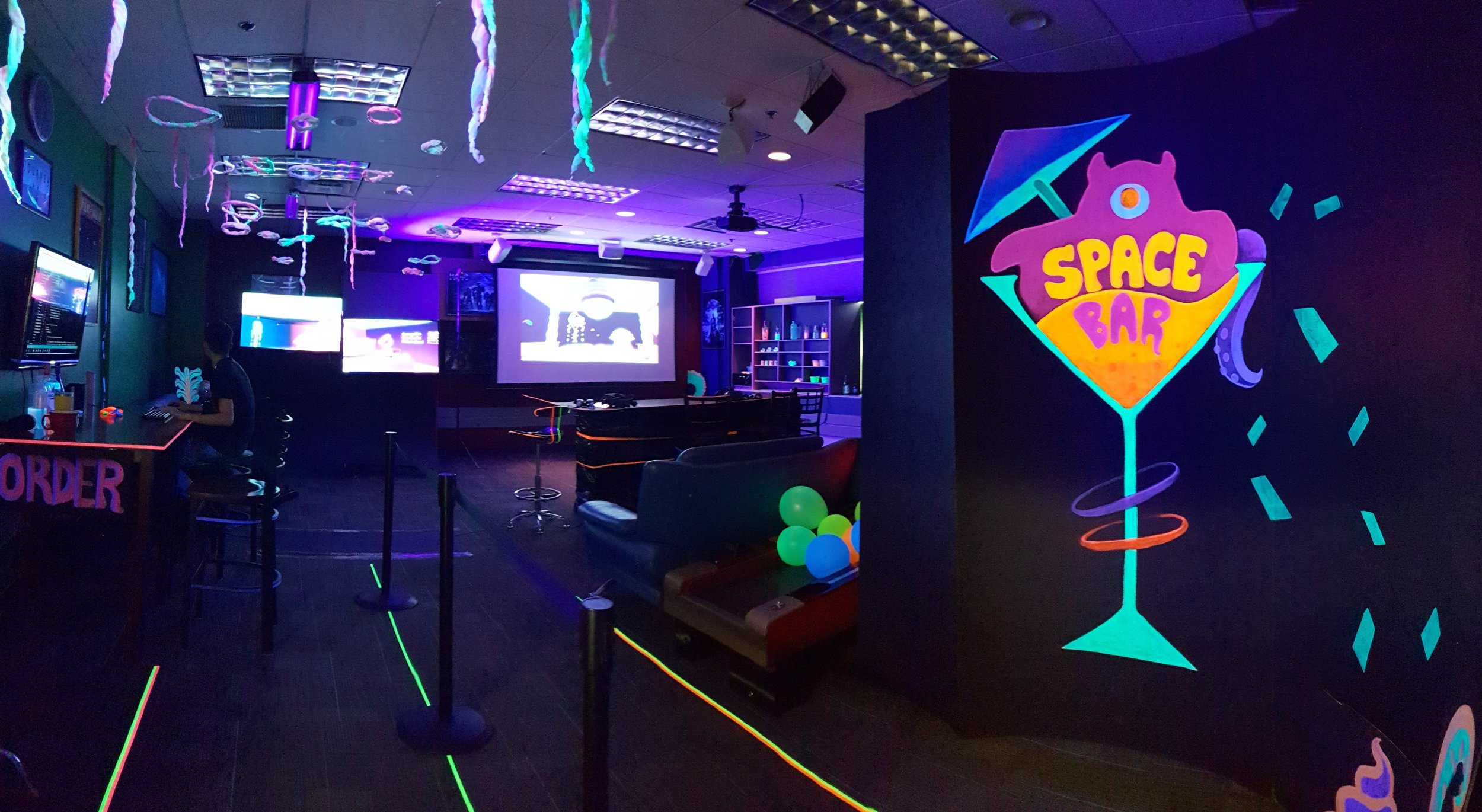layout of the space. we added an order counter so that guests waiting in line would be able to place orders in the live game.