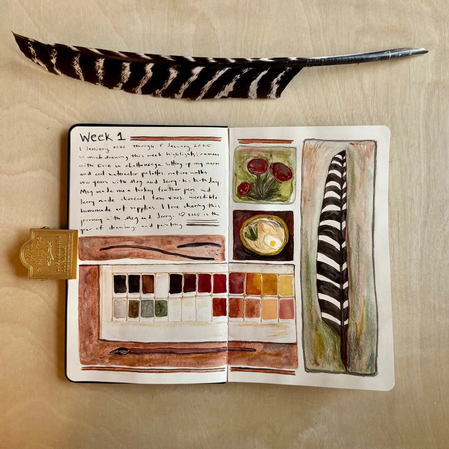 Week One of 2025. This is almost everything I drew or painted this week. Picture one is my visual Journal - inspired by @helen.c.stark. Picture two and three show a nature journal that I am working on as well. I am trying to finish a spread a week - 