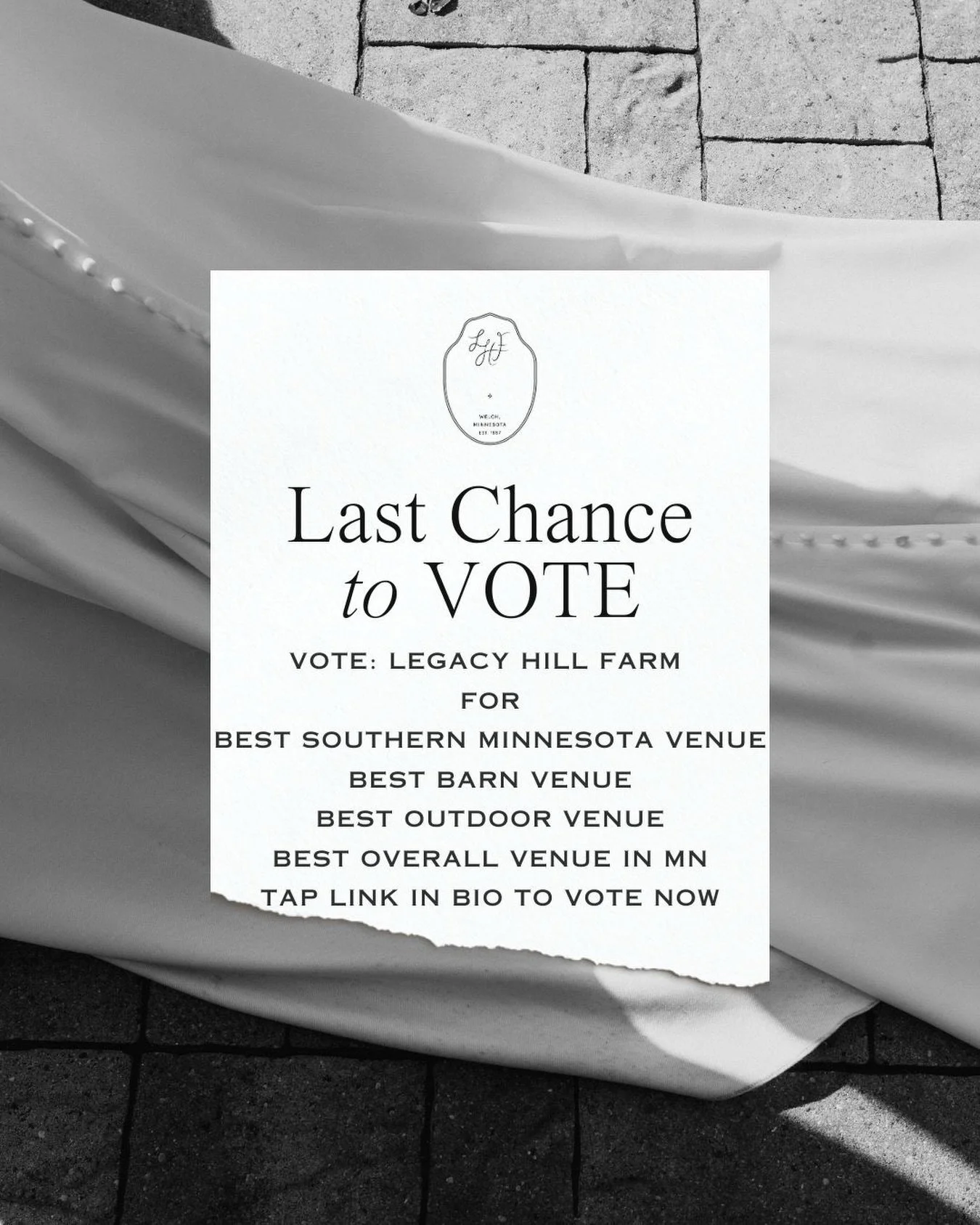 We need your vote! ✨ Voting is about to close for the Minnesota Bride 2026 Awards and WE NEED YOUR VOTE to win!

Tap the link in Bio and Vote Now for Legacy Hill Farm in these categories:

- Best Southern Minnesota Venue
- Best Barn Venue
- Best Outd