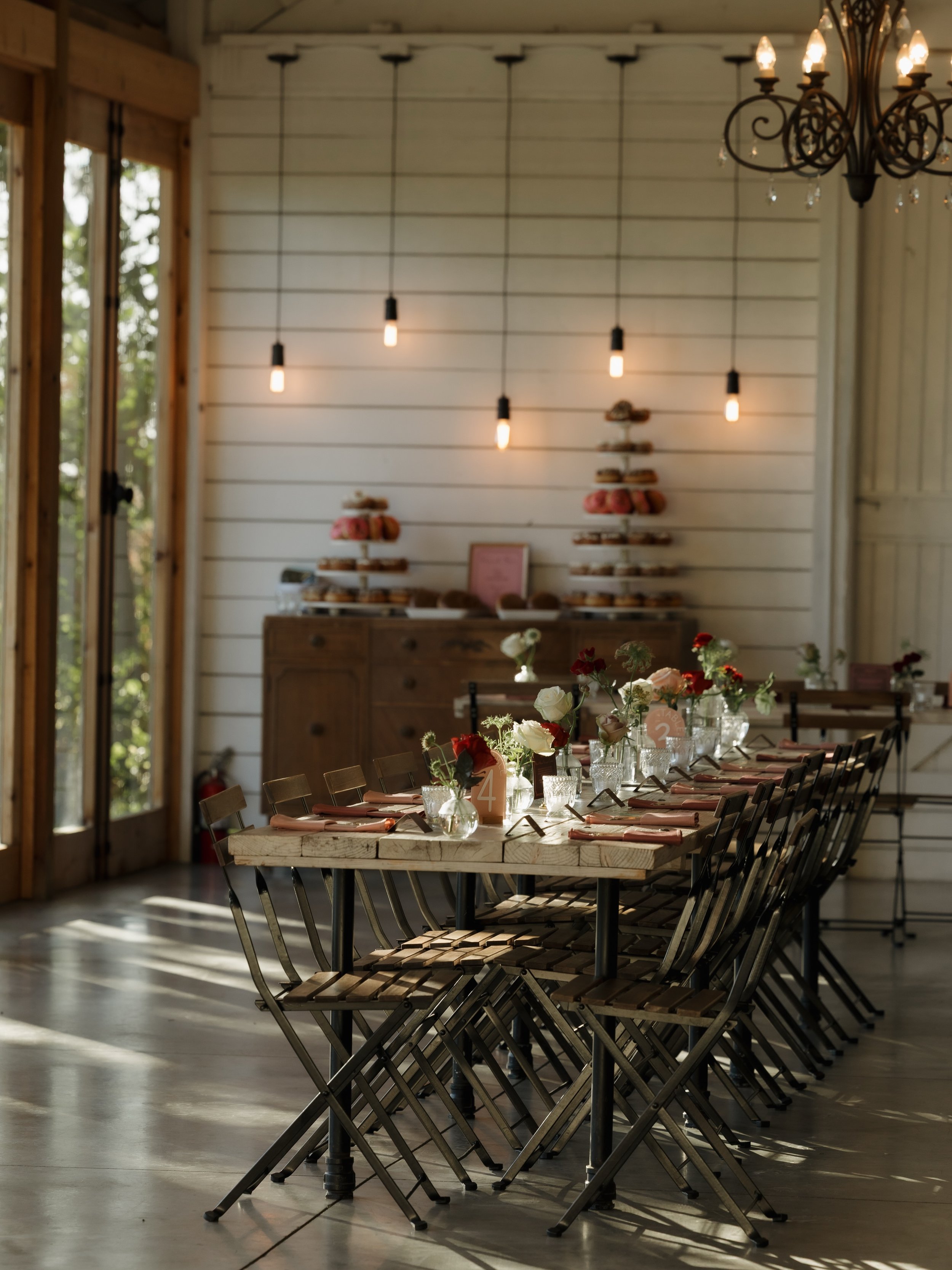 When you book a wedding at Legacy Hill Farm you get 30 whitewashed wood tables + 295 chairs available for your wedding reception. 

Our gorgeous handcrafted tables were designed so that linens are not required. 

Whether you have 295 guests or an int