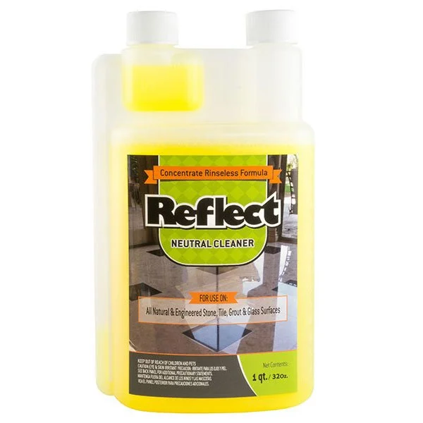 A bottle of Reflect Neutral Cleaner with yellow liquid inside.