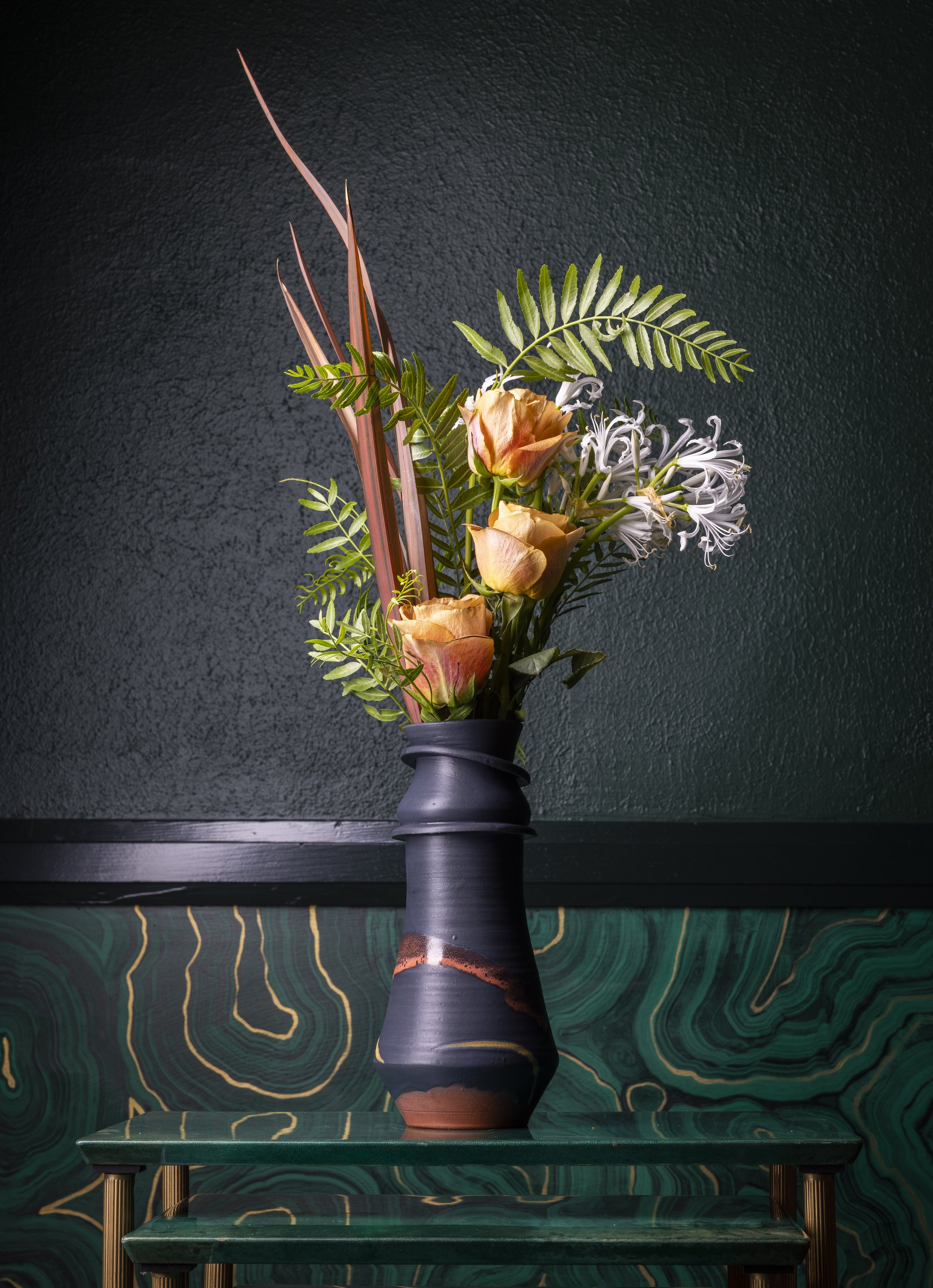 Midnight Campfire vase with bouquet