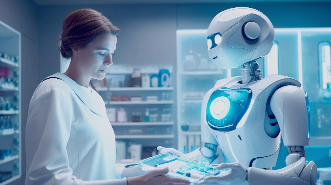 Slide titled 'The Algorithm Will See You Now: How AI Is Redefining the Future of Healthcare' with a dark blue background and faint globe outline in the corner.