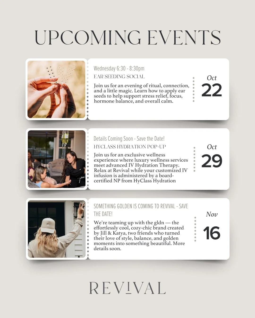 Exciting moments for community, self-care, and connection are coming to Revival. 🌿⁠
⁠
From our Ear Seeding Social and IV Hydration Pop-Up to a cozy, style-forward Shop The Gldn Pop-Up, this season is all about slowing down, showing up, and celebrati