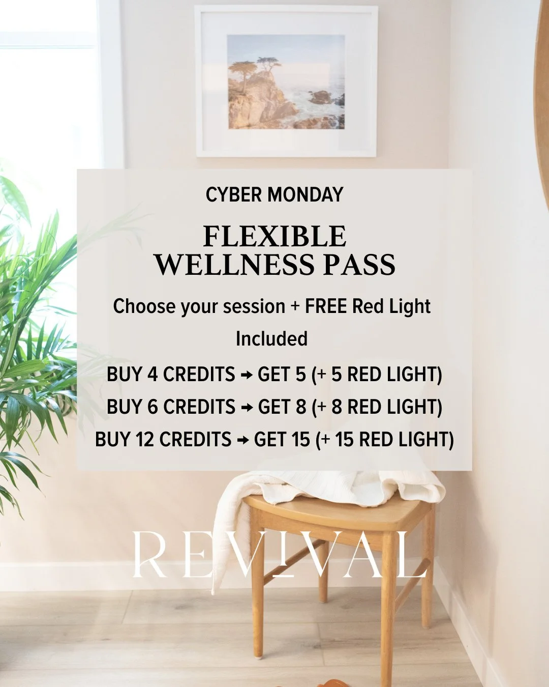 Cyber Monday: The Flexible Wellness Pass⁠
⁠
Can't decide which Revival session to try? Want to explore our favorites?⁠
The Flexible Wellness Pass is for you. ⁠
⁠
Use credits on:⁠
⁠
Infrared Sauna (30 min)⁠
Halotherapy⁠
NuCalm (stress relief)⁠
Normate