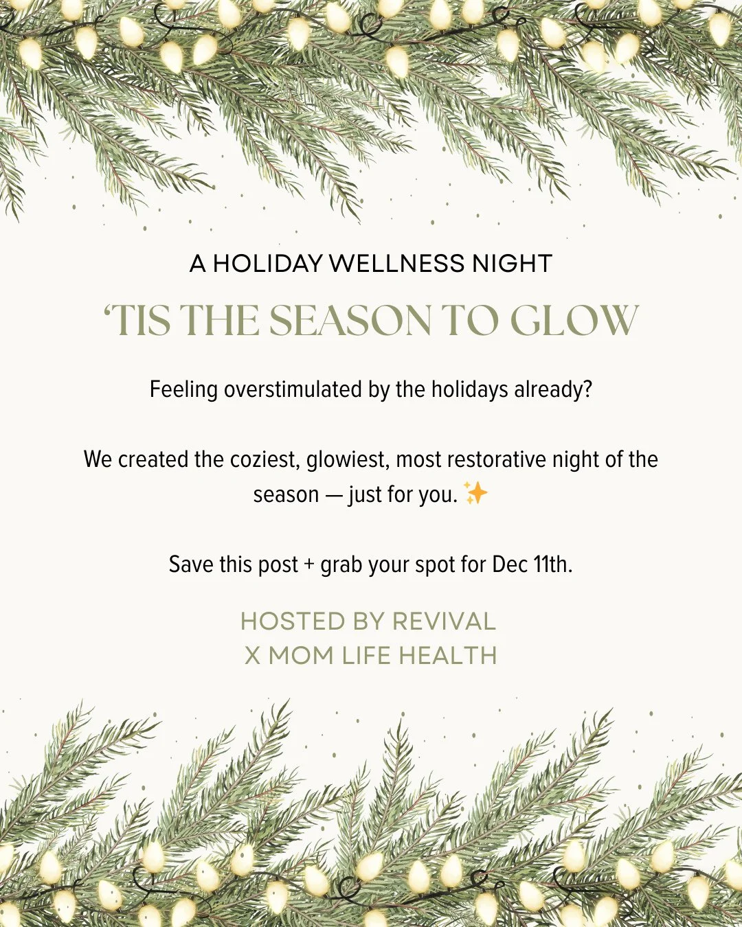 Tis the Season to Glow ✨⁠
⁠
Revival x Mom Life Health are hosting a night designed to bring you out of the chaos and into a space of calm, glow, and festive magic.⁠
⁠
Thursday, December 11th | 5&ndash;8 PM⁠
Revival Wellness Studio, Medfield⁠
⁠
Here&r
