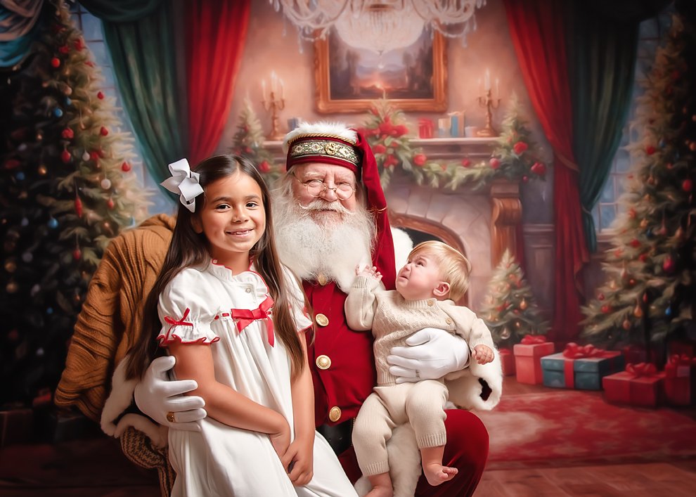 Two children sitting with Santa Claus in front of a decorated Christmas setting with trees and gifts.