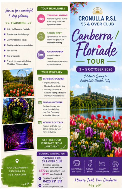 CRONULLA R.S.L 55 &amp; OVER CLUBCanberra Floriade Tour