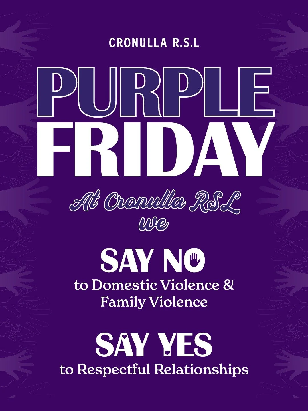This Purple Friday, Cronulla RSL is proud to support our community by helping connect people to the assistance they may need.

We support initiatives such as 

💜Ask for Angela, a way for people feeling unsafe, threatened, or vulnerable on a date or 