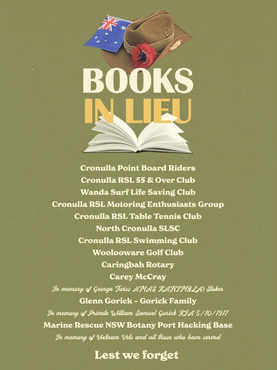 Cronulla Sub Branch&rsquo;s Books in Lieu program once again brought our community together this ANZAC Day, with local groups, organisations and individuals choosing to honour service in a meaningful way while supporting local schools.

We thank all 