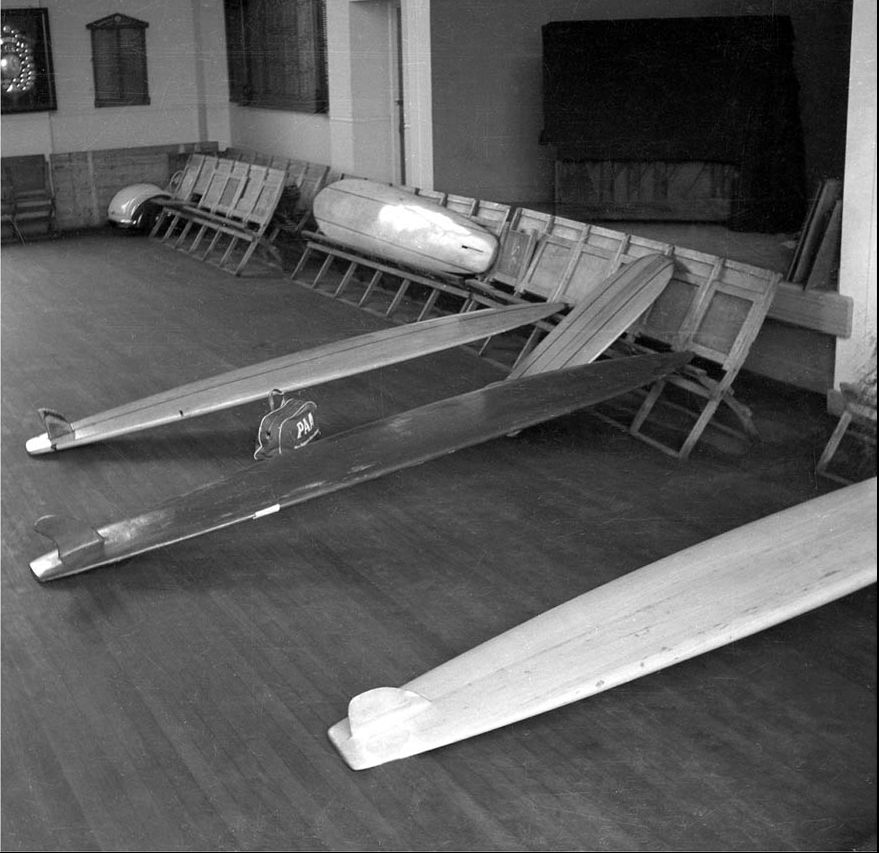 USA Malibu boards at the Cronulla Lifesaving building 1956